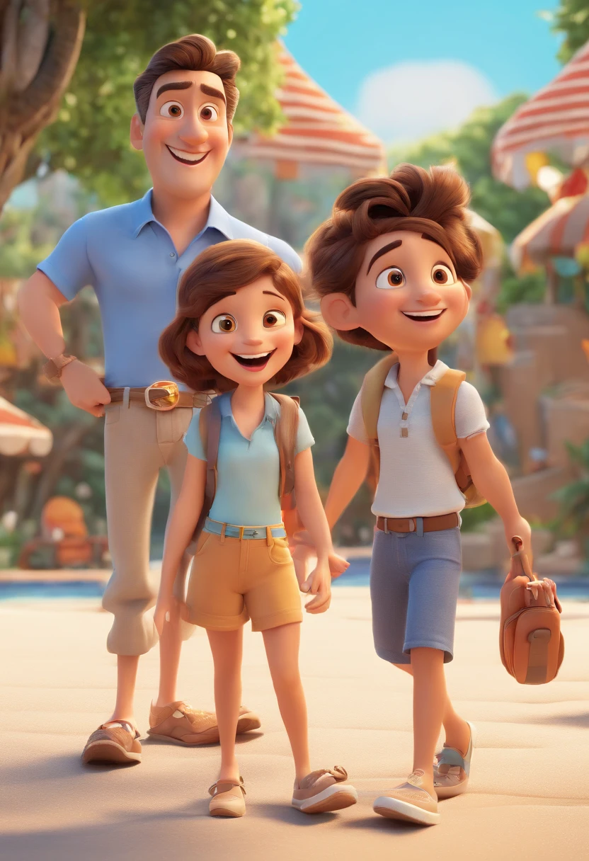 Cartoon of family having fun on vacation together, 3D Animation Movie Poster, Poster de filme animado, pixar 3 d animation style, pixar renderman rendering, maia 8 mil, animated film, Disney Pixar Estilo 3D, Happy family hang out together, all wearing light blue shirts and cream brown long pants, camisa azul clara, cream brown pants, ao ar livre, vacation, Disney Pixar Animation Poster