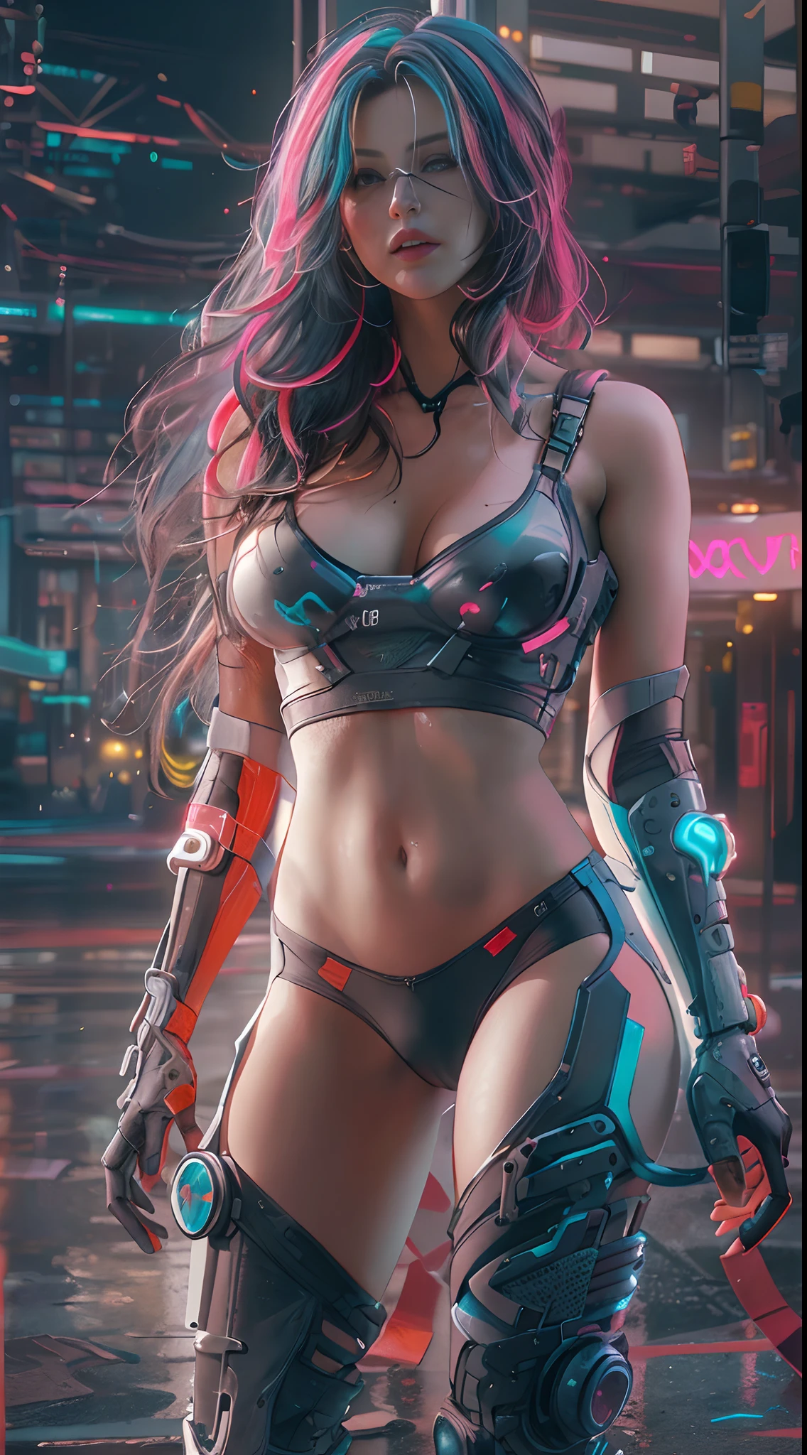 ((Meisterwerk))((highest  quality))((27-year-old girl,schulterlanges, streaked hair ))Portrait from head to knee ((She stands there seductively, seductively sexual and reveals herself, by opening up her outfit. Partially exposed breast naked. )). ((Hintergrund ist ein hochdetaillierter Cyberpunk-Club mit mehrfarbigen LED-Lichtern. Graffiti .leuchtend.))4K. Sehr filigrane Details. filmisch. Hochreflektierende nasse Fahrbahn.
Die kybernetischen Verbesserungen, die du besitzt, They're not just for show - they're your lifeline in this dangerous world. Mit deiner gesteigerten Kraft, Geschwindigkeit, and agility, You'll have to navigate the dark dark side of the city and face its most dangerous criminals. Will you survive?, Oder wirst du nur ein weiteres Opfer der Cyberpunk-Neonwelt?? Girl's hair with neon colors highlights with bright colorsPhoto real, hyperrealistisch, Hoher Dynamikumfang, satte Farben, Lebensechte Texturen, 8K UHD, hohe Farbtiefe ,..3d, Oktan-Rendering, 8K, Raytracing, 8K ultrafeine Details, Privatpresse, Assoziiertes Pressefoto, Meisterwerk,