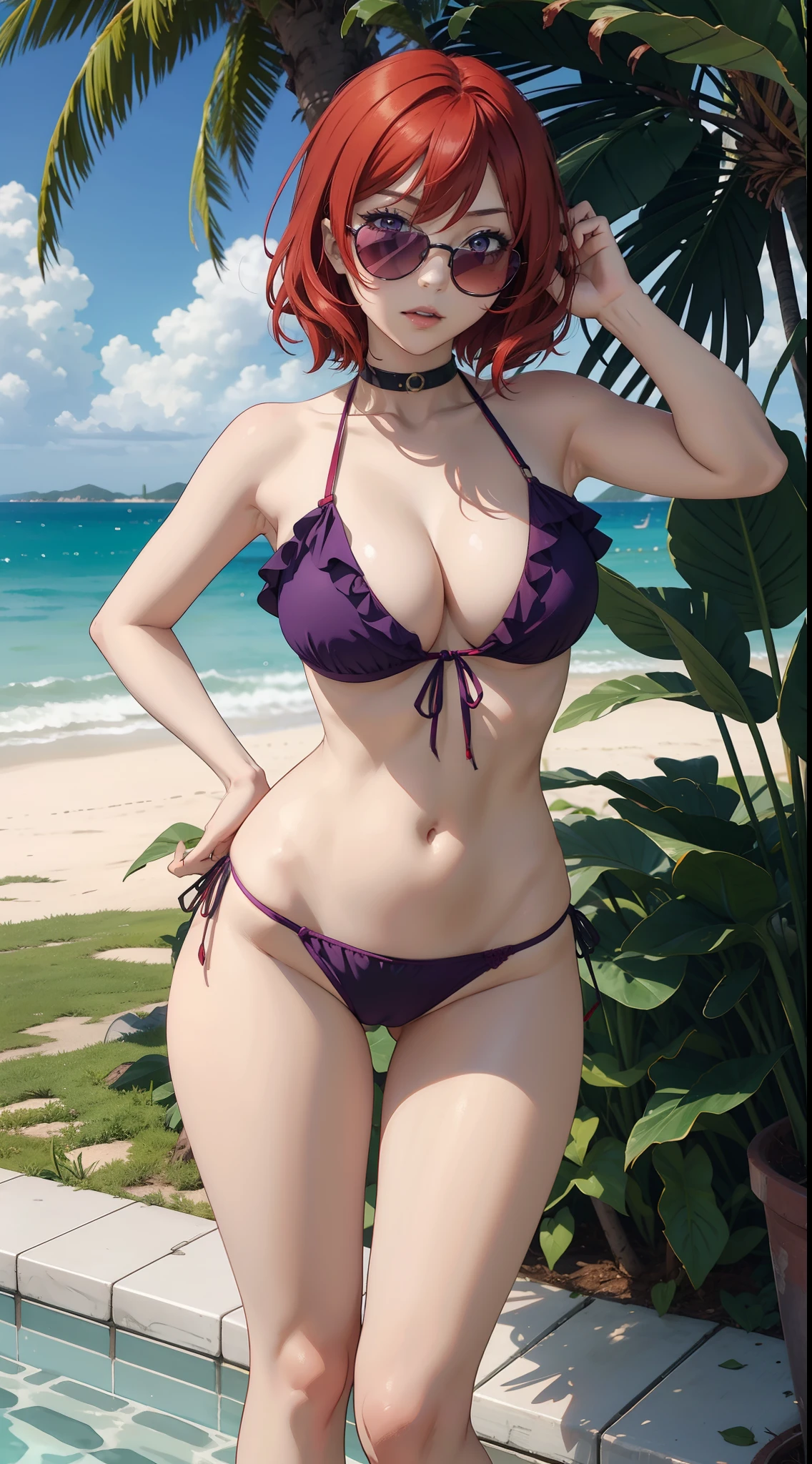 Nishikino maki, red hair,Purple eyes, thicc big breasts, bangs, frilled green bikini , standing,sun glasses, flying hair, sexy