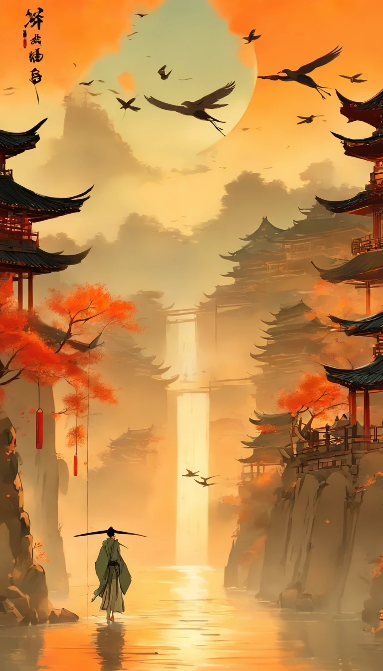 China ink painting，ink，The sunset and the solitary crane fly together，The autumn water is the same for a long time，The beauty of ancient poetry，the setting sun，Wild geese in the sky in the distance，Ancient buildings are scattered，