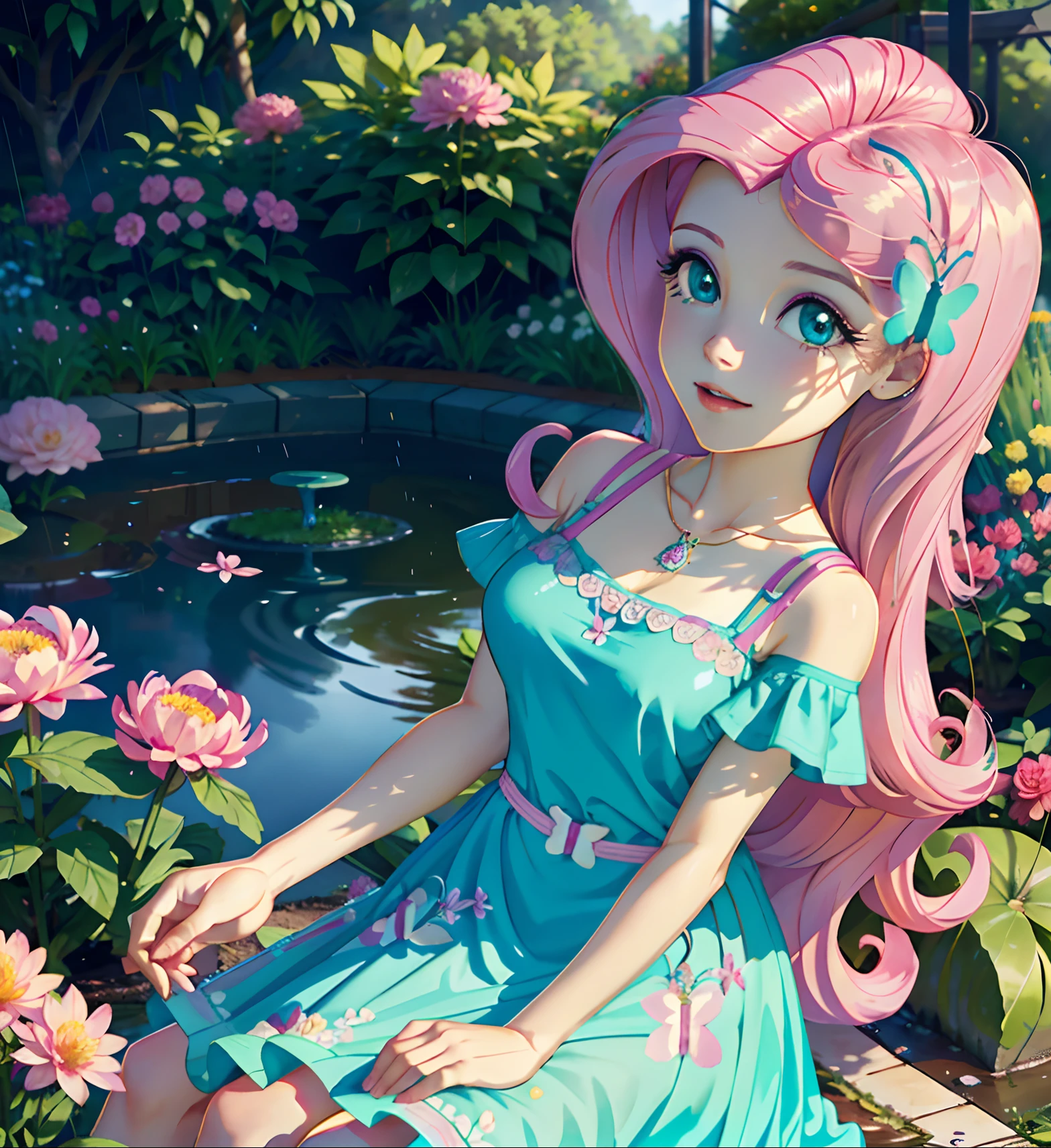 Fluttershy, fluttershy from equestria girls, fluttershy in the form of a girl, lush breast, pink long wavy hair, soft smile, flowers, butterflies, (top quality, masterpiece, ultra-realistic), rainy day, raining, wet ground, puddle, indoor botanical garden, dome, lots of flowers, dense mass plants, the background landscape is a garden with petals, Dahlia peony flowers everywhere, turquoise eyes, turquoise eyeshadow, green dress, butterfly hair clip, derailed lighting, sunlight, yellow pure light, sitting, heavenly plants, hanging planters, bright rays
