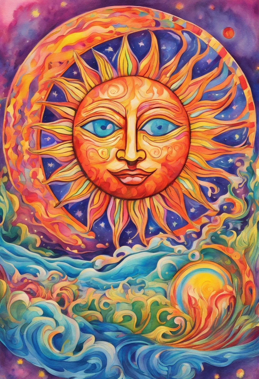Vivid watercolor pencil drawing of a sun and moon in one surrounded by earth,wind, water, and fire .