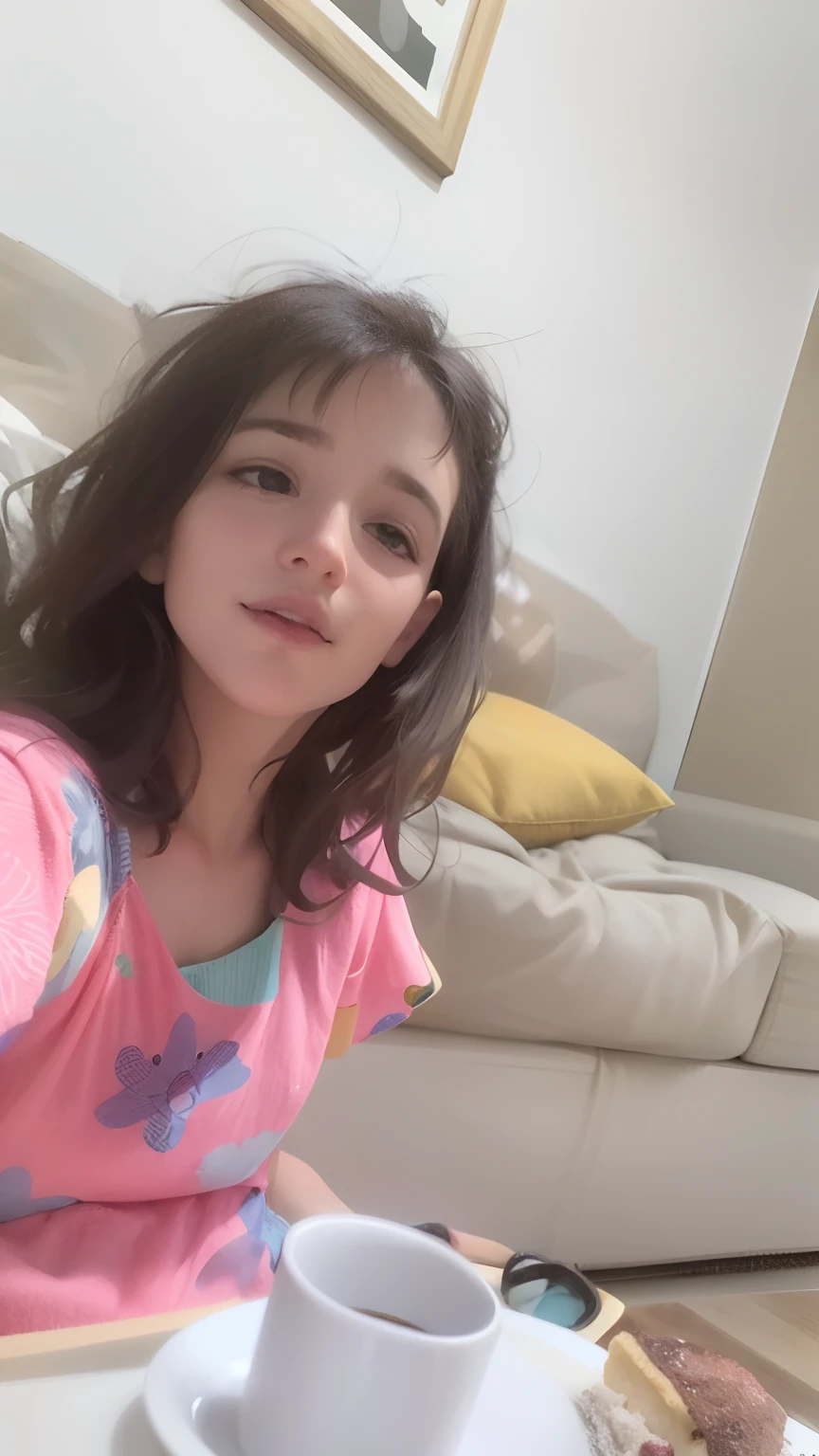 Girl sitting at a table with a plate of food and a cup of coffee, sentada em seu quarto, imagem de qualidade muito baixa, Violeta Myers, ela tem cerca de  de idade, taken in the early 2020s, imagem desfocada, menina bonito, usando pijama, imagem interna, foto do perfil, imagem antiga, muito bobo olhando