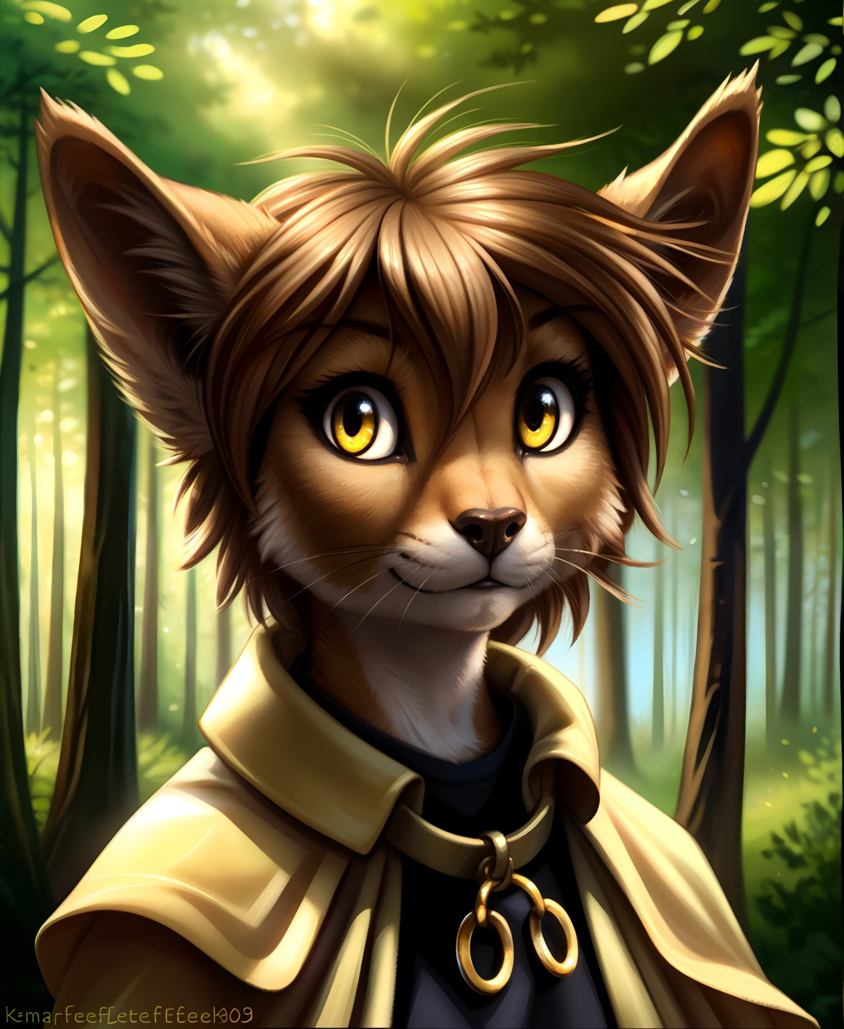 by kenket, by totesfleisch8, (by thebigslick, by silverfox5213:0.8), (by syuro:0.2),, Madelyn , Madelyn Adelaide, twokinds, (best quality, masterpiece:1), solo, furry female anthro, yellow eyes, short hair, light brown hair, portrait, finger claws, looking at viewer, tail, ear raised, (outdoors dark forest trees blurry blurred background:1.1), black shirt, yellow cape