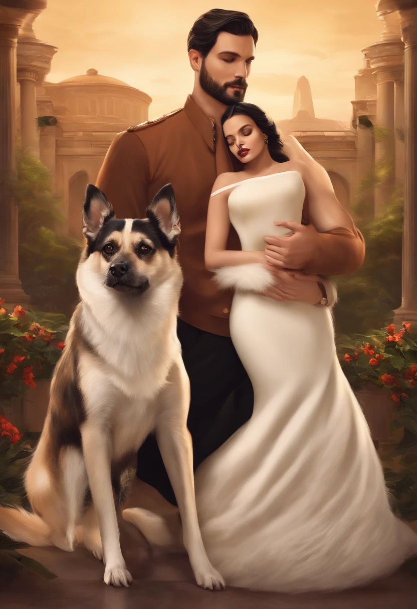A couple of boyfriends, the woman is shorter than the man, they are light brunettes, the woman has straight black hair and the man has black hair with a beard, they are with their dog, a chihuahua with white fur with light brown and a black nose