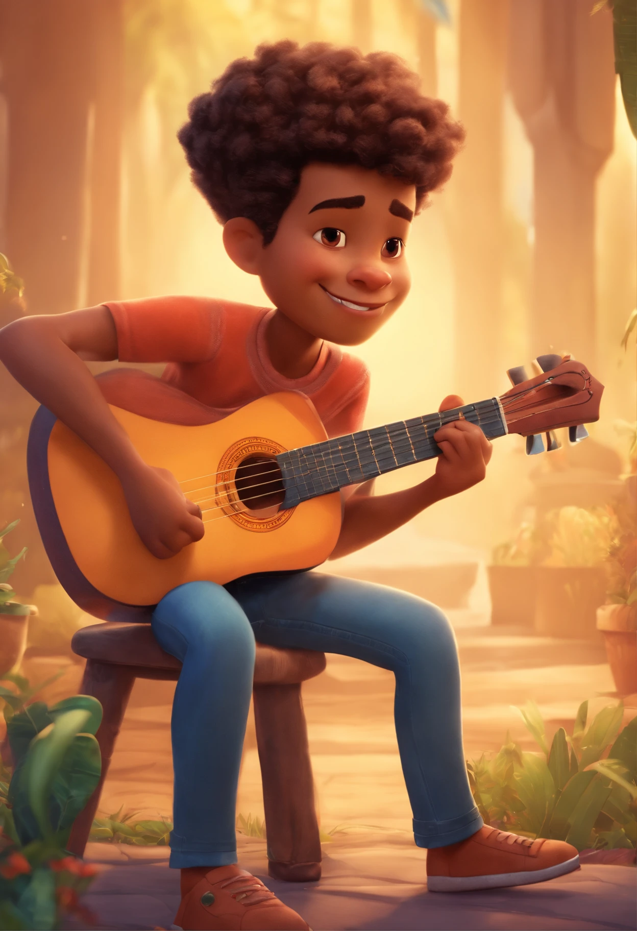 crie um banner no estilo Pixar. A boy with Brazilian features, moreno com cabelos curtos, Castanhos escuros, Appearance: short hair and short beard, mas jovem, usando uma camiseta, Wearing jeans and holding a classical guitar with 6 strings.