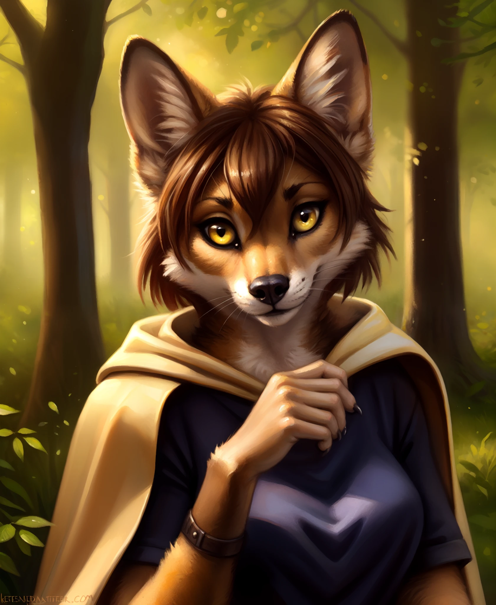 by kenket, by totesfleisch8, (by thebigslick, by silverfox5213:0.8), (by syuro:0.2),, Madelyn , Madelyn Adelaide, twokinds, (best quality, masterpiece:1), solo, furry female anthro, yellow eyes, short hair, light brown hair, portrait, finger claws, looking at viewer, tail, ear raised, (outdoors dark forest trees blurry blurred background:1.1), black shirt, yellow cape