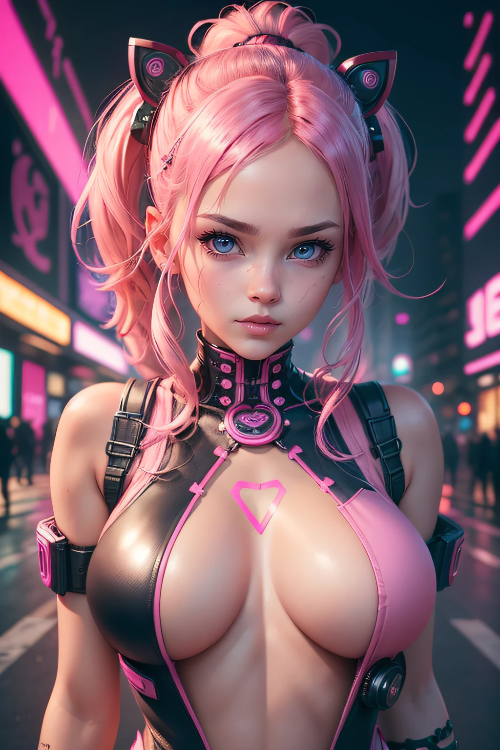 a very cute face, wearing pink cyberpunk outfit, detailed pink outfit, detailed body (reality: 1.4), (A hyper-realistic), (high resolution), (8K), (highly detailed), ( Best Illustration), (detailed eyes), (ultra-detailliert), Bright lighting, Professional Lighting, The background is cyberpunk city.