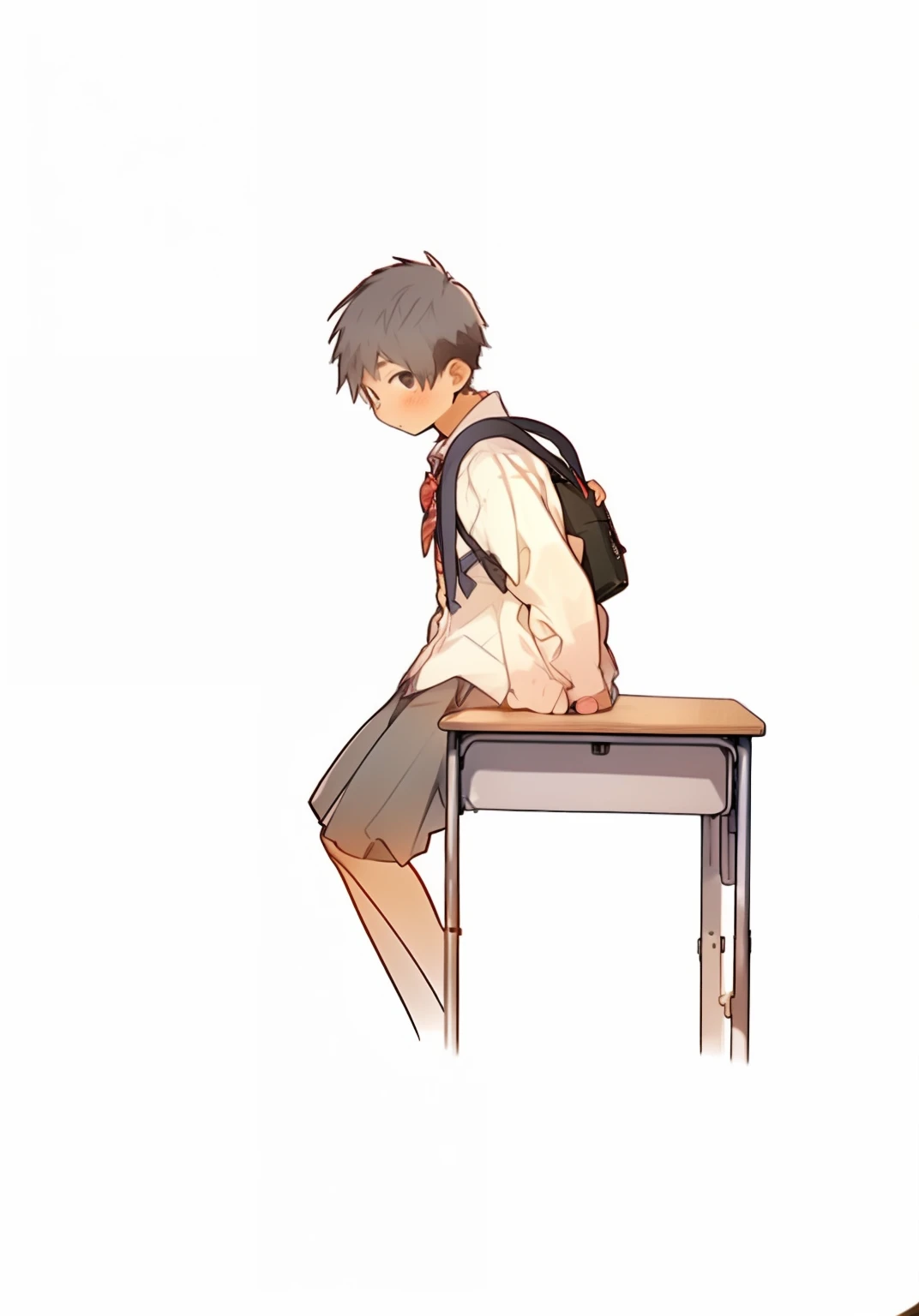 eventide,In the classroom,A high school boy sits at a desk with a school bag on his back,Lateral face,hands on desk,snak,