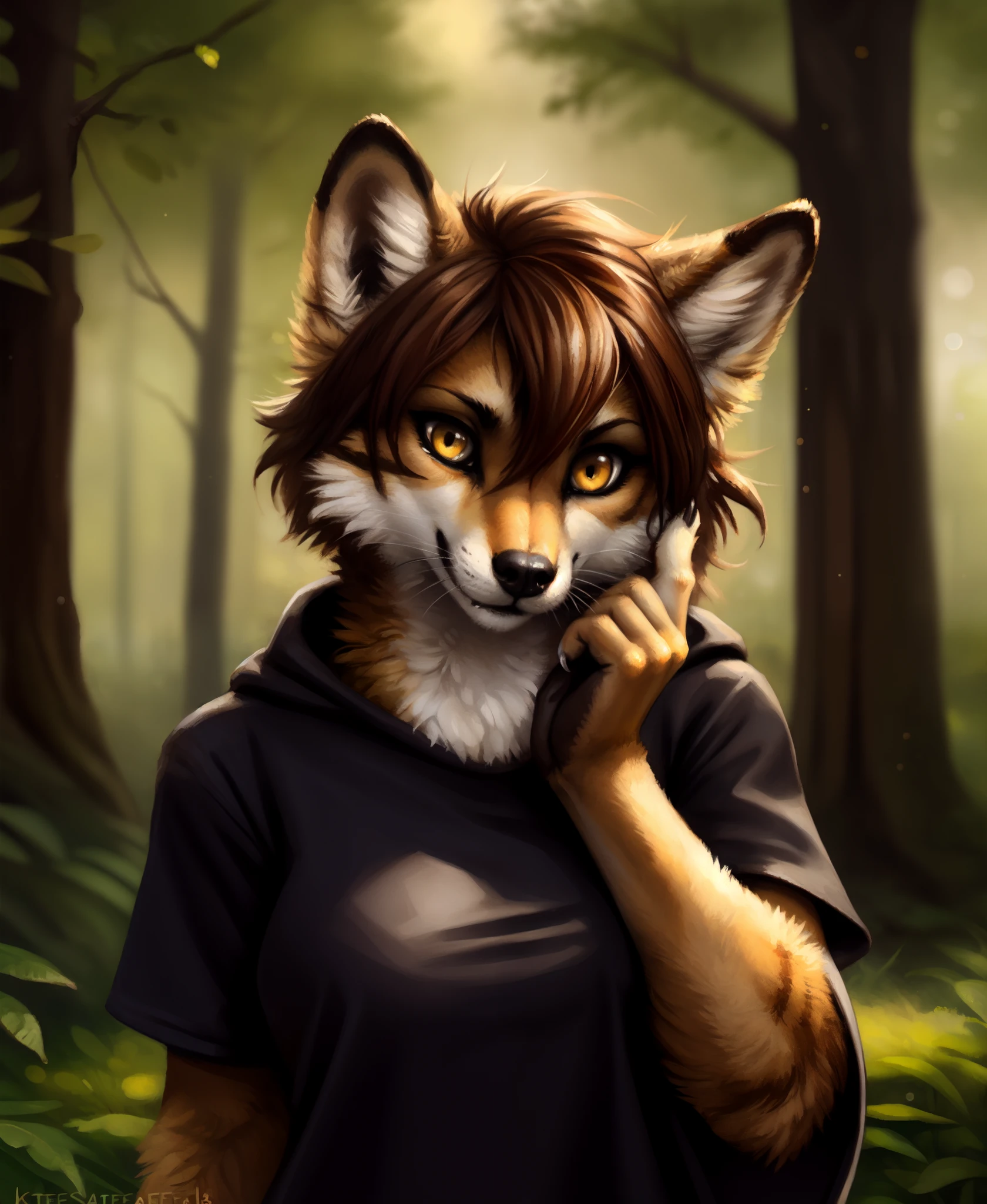 by kenket, by totesfleisch8, (by thebigslick, by silverfox5213:0.8), (by syuro:0.2),, Madelyn , Madelyn Adelaide, twokinds, (best quality, masterpiece:1), solo, furry female anthro, yellow eyes, short hair, light brown hair, portrait, finger claws, looking at viewer, tail, ear raised, (outdoors dark forest trees blurry blurred background:1.1), black shirt, yellow cape