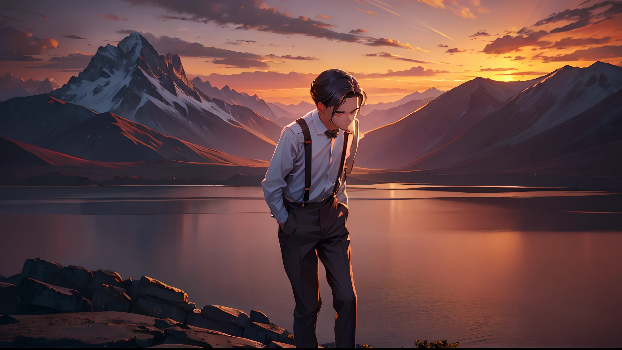 Sunset Dusk,Suspenders,Stand on top of the mountain with your feet,middle parted hairstyle,Boy student,stooped,Place your hands on your back,to the left side of the face