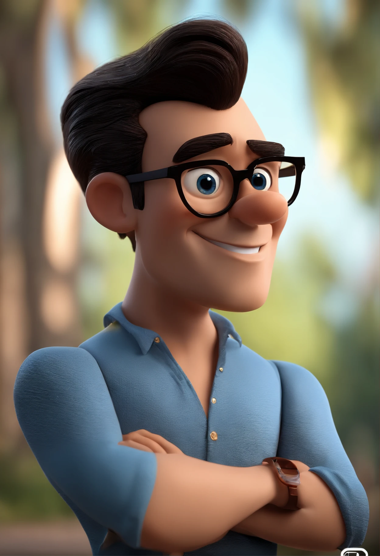 Cartoon character of a man with black glasses and a blue shirt, animation character, Caractere estilizado, animation style rendering, 3D estilizado, Arnold Maya render, 3 d render stylized, toon render keyshot, Personagem 3D, Personagem 3D, 3d rendering stylized, 3 d character render, personagem de desenho animado, Personagem de close up, Pose de personagem, (Estilo Pixar) (master part:1.2) (Bokeh) (best quality) (pele detalhada) (textura detalhada) (8k) (argila) (Cinematic lighting) (foco nítido