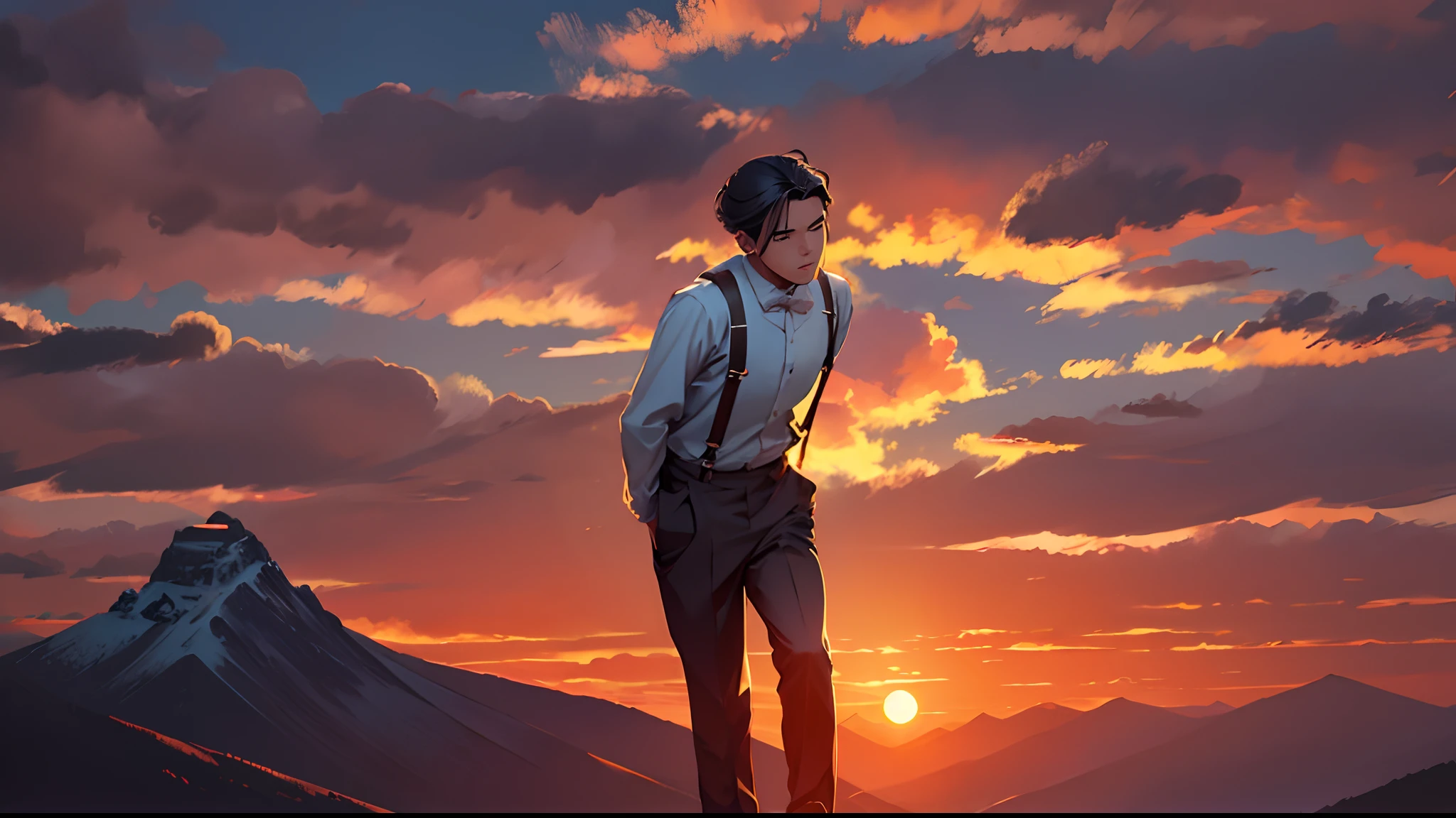 Sunset Dusk，Suspenders，Stand on top of the mountain with your feet，middle parted hairstyle，Boy student，stooped，Place your hands on your back，Left side of the face