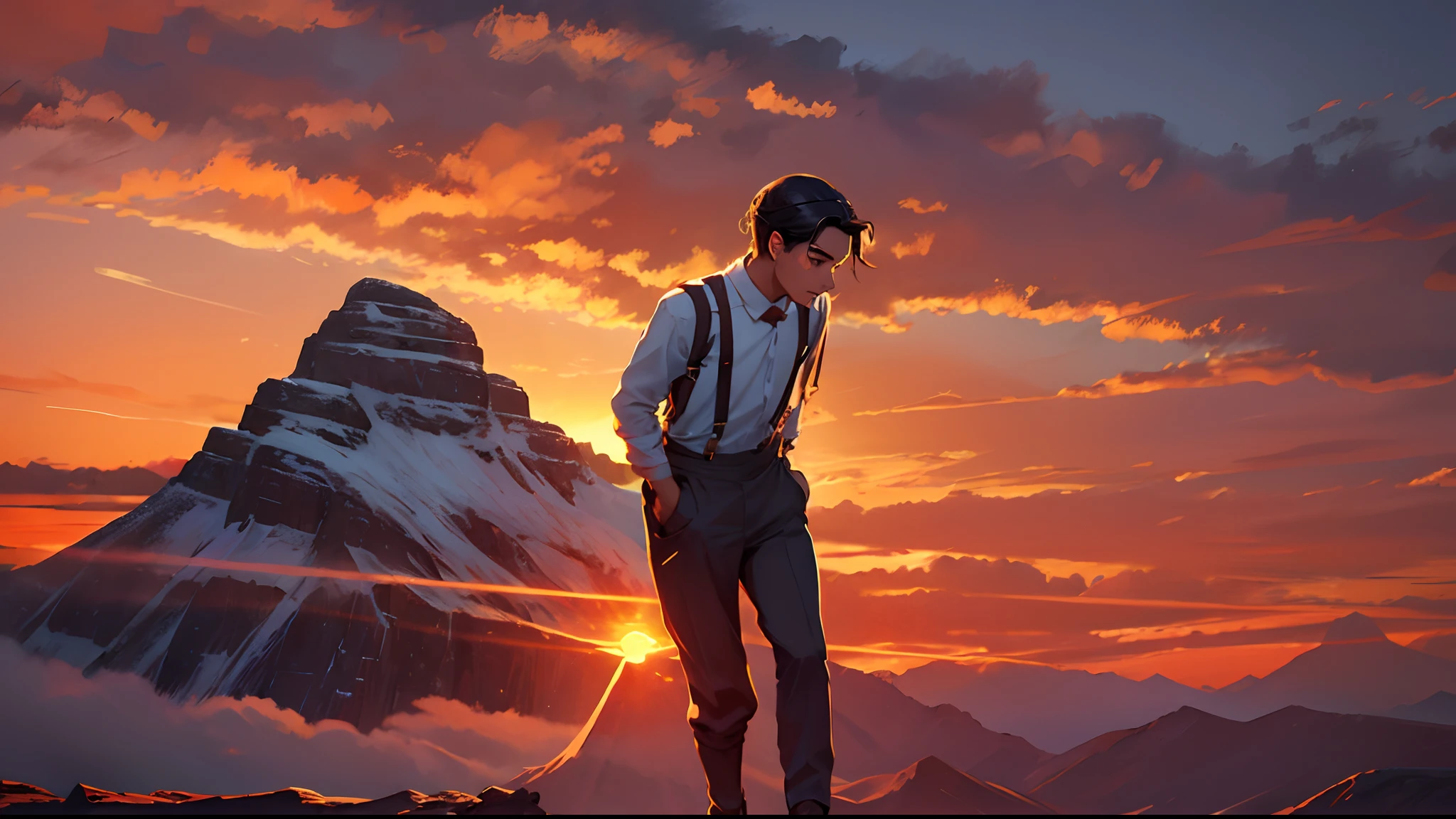 Sunset Dusk,Suspenders,The sling drops,Stand on top of the mountain with your feet,middle parted hairstyle,Boy student,stooped,Place your hands on your back,Left side of the face