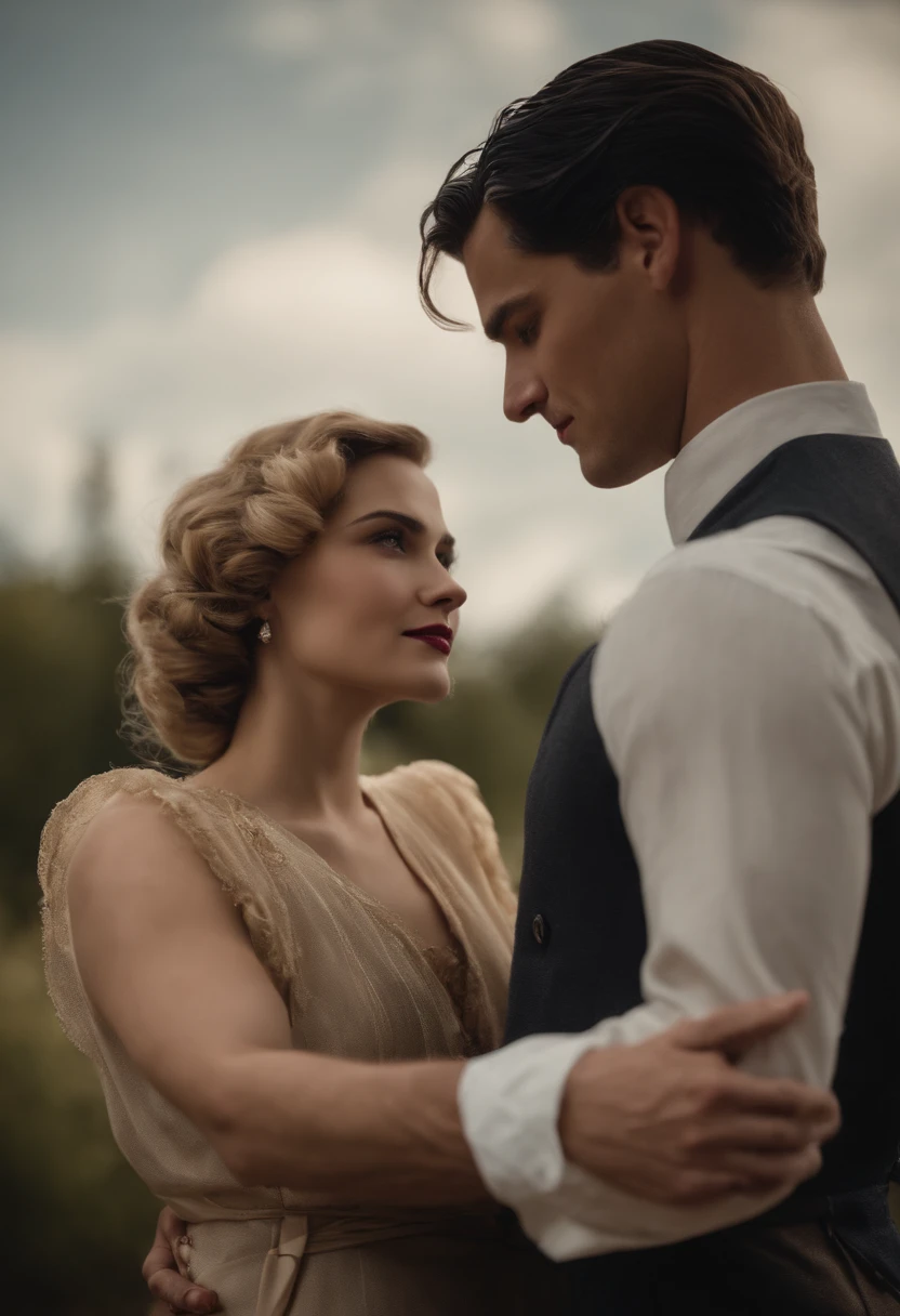 A real image of a couple in the 1920s. The man is very handsome, 30 years old, with short, black hair, strong and muscular, and fair skin. The woman is very beautiful, 18 years old, dressed in modest 1920s clothing with long sleeves, and has very long, curly blonde hair that reaches down to her waist. A romantic scene between the two.