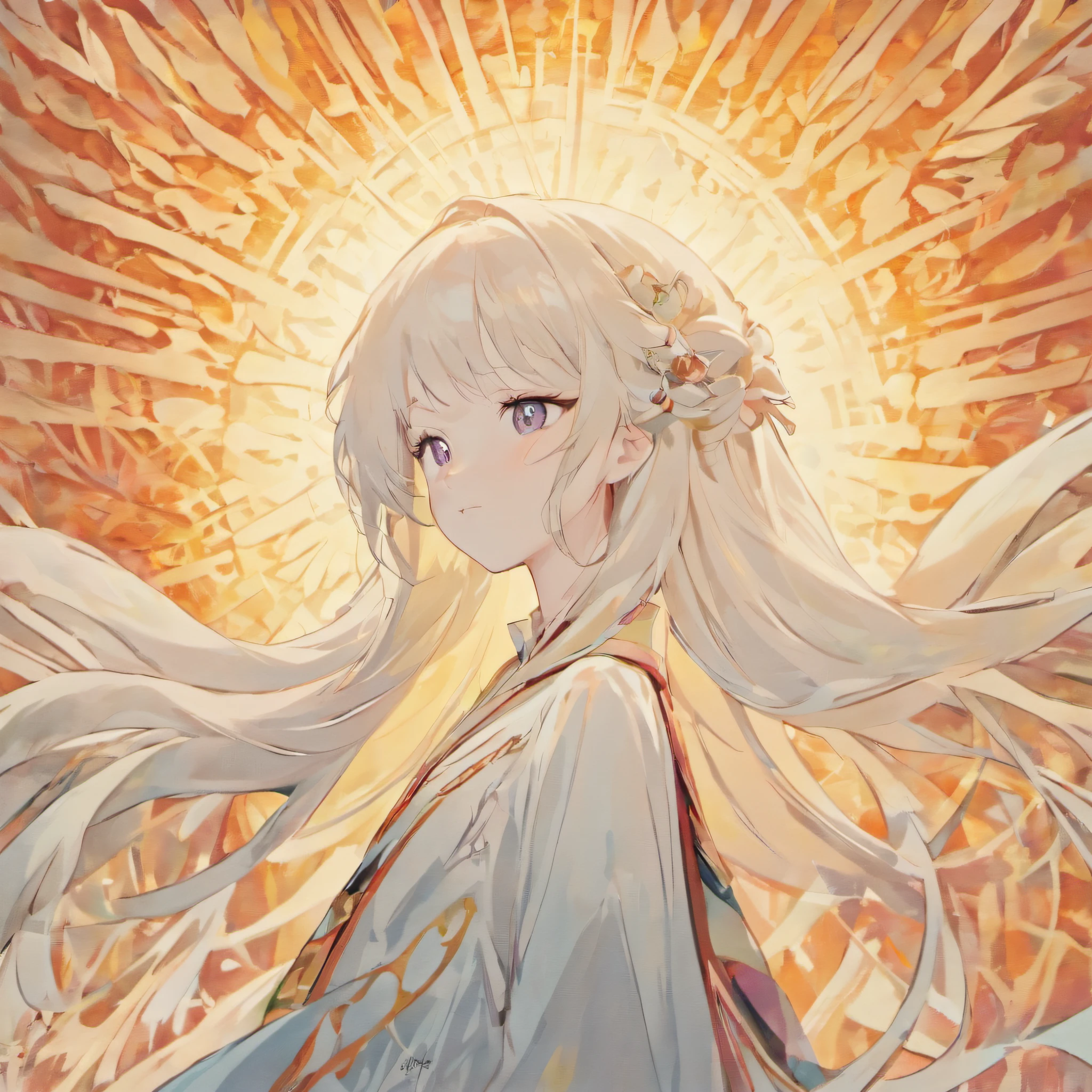 (White background:1.4),(Silhouette of a girl's head, Eyes closed, colorfull long hair, Oriental elements),(Chinese illustration:1.3,paper art:1.3, Quilted paper art:1.2),Dunhuang elements,white color hair,Meet the sacred deer