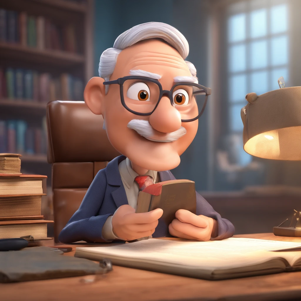 Crie um cartaz inspirado na Disney Pixar com o personagem sendo o pastor Rubens Janier, A gray-haired man wearing glasses, in an office with a Bible on the table