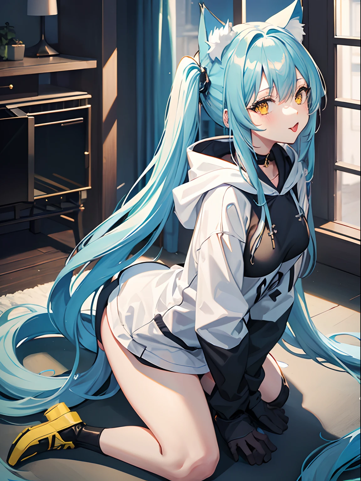 Long Hair, Twintail, Light Blue Hair, Yellow Eyes, Cat Ears, Cat Tail, Big Boobs, Wearing Hoodie, Long Stocking, Nighttime, Wearing Black Gloves, Inside a house, Stick out the tongue