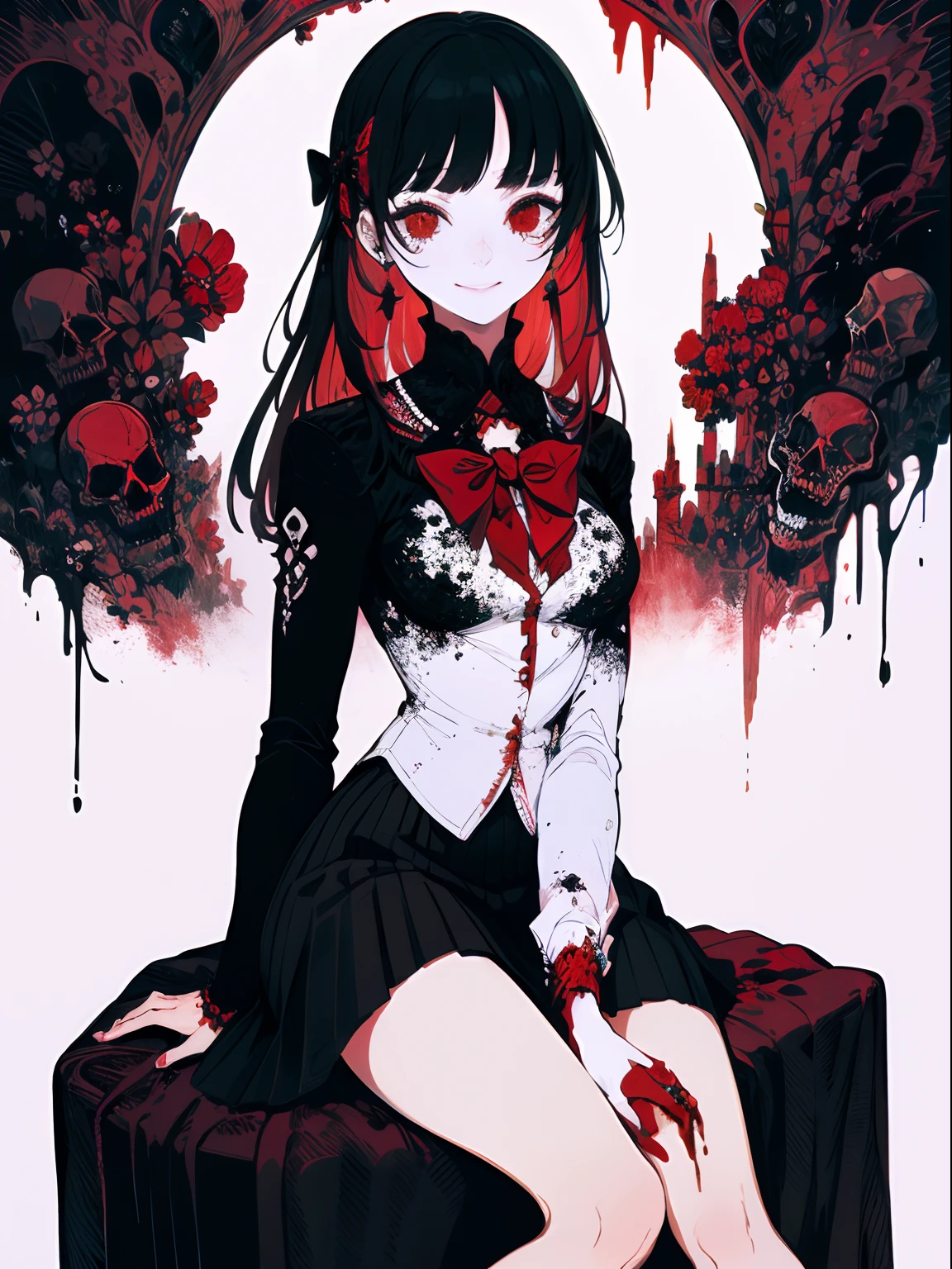 masterpiece, best quality, intricately detailed, a woman, beautiful, elegant, smile, blood, iridescent long hair, bangs, bow, hair bow, skirt, shirt, long sleeves, frills, shoes, bowtie, (red and black:1.4), flower, creepy, horror, skulls