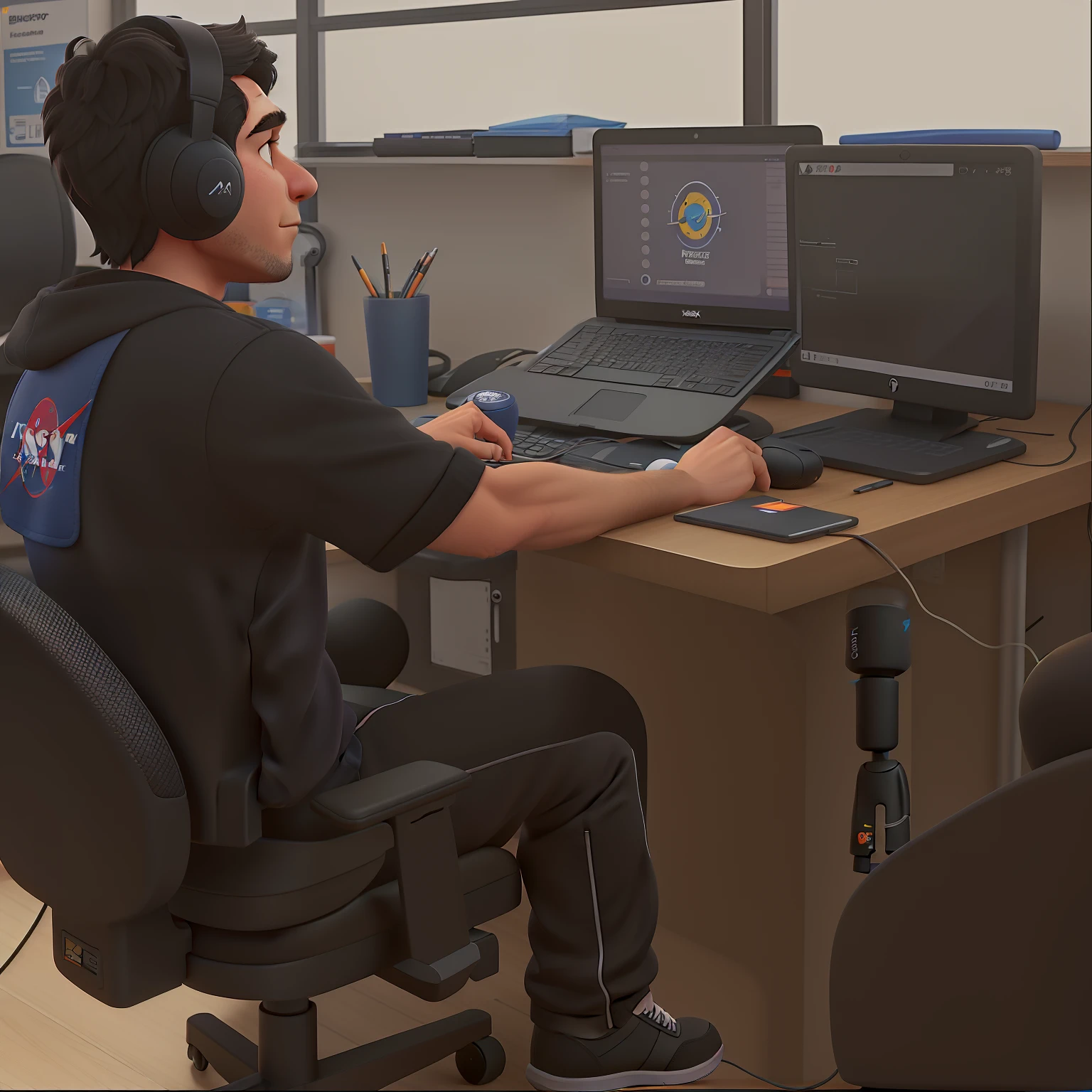 programador do sexo masculino, wearing a black sweatshirt with NASA logo on the back, ele tambem tem um fisico forte, programando app em sala empresarial, imagem estilo filme disney pixar em alta qualidade, maxima qualidade