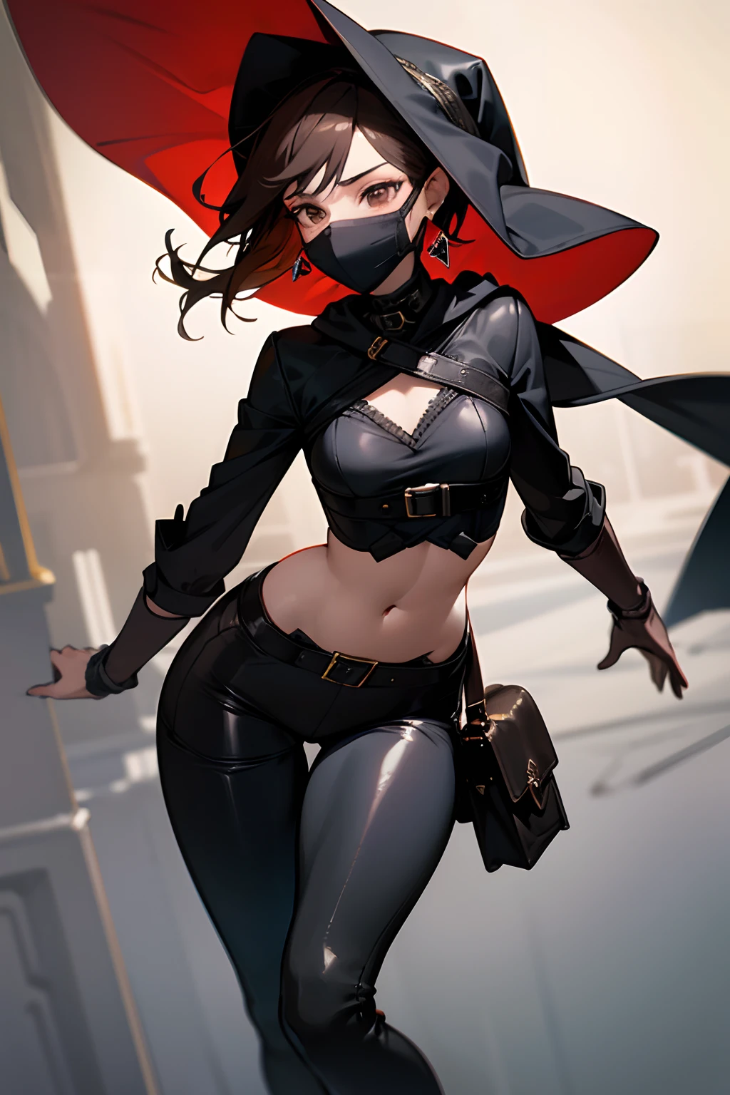 Best Quality Detail:1.2, realisitic, 8K UHD, hight resolution, 1 human,Unisex , sex unknow, The ultra-detailliert, High quality textures, intricate detailes, detaileds, Very detailed CG, High quality shadows, Detail Beautiful delicate face, Detail Beautiful delicate eyes, depth of fields, Ray traching, gender not specified, gender not specified, male-like, black-brown hair, brown eyes, wearing black leather, wearing a veil, hooded veil, head covering, wearing a black face covering, Wear a black mask, cover the lower half of your face, red earrings, face invisible, tight leather pants, high-heeled boots, and a waist bag.