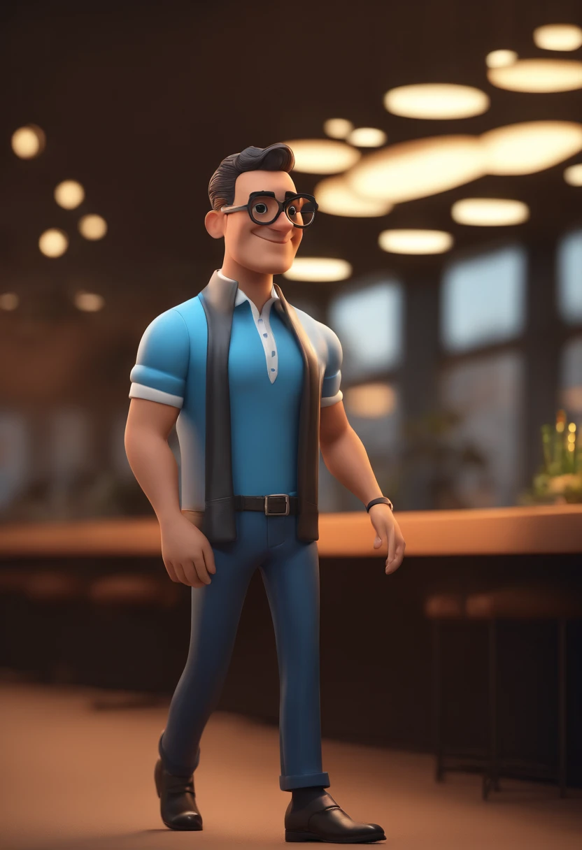 Cartoon character of a man with black glasses and a blue shirt, animation character, Caractere estilizado, animation style rendering, 3D estilizado, Arnold Maya render, 3 d render stylized, toon render keyshot, Personagem 3D, Personagem 3D, 3d rendering stylized, 3 d character render, personagem de desenho animado, Personagem de close up, Pose de personagem,  (Estilo Pixar) (master part:1.2) (Bokeh) (best quality) (pele detalhada) (textura detalhada) (8k) (argila) (Cinematic lighting) (foco nítido