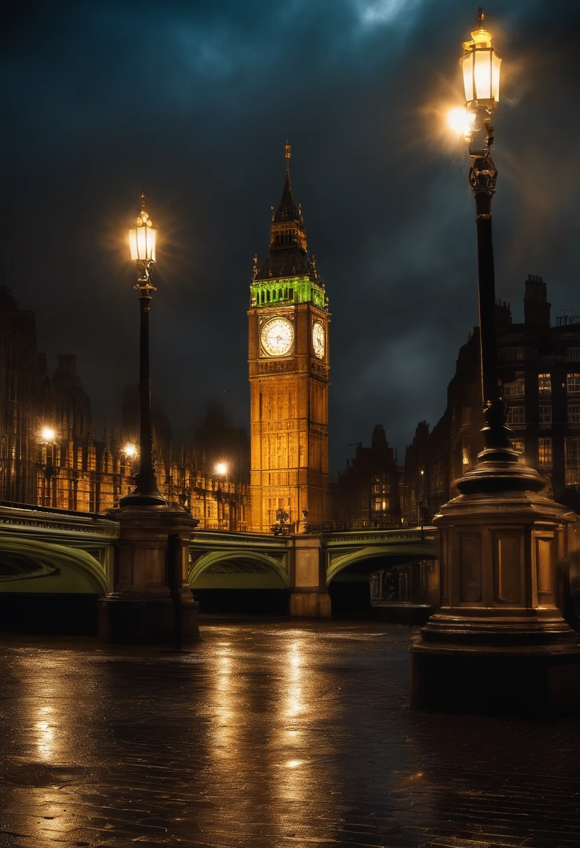 Verdadero, realista, cinematic quality, Super detail, super quality, Super HD, real photograph, Puente de Londres, lluvia, diente, ribera