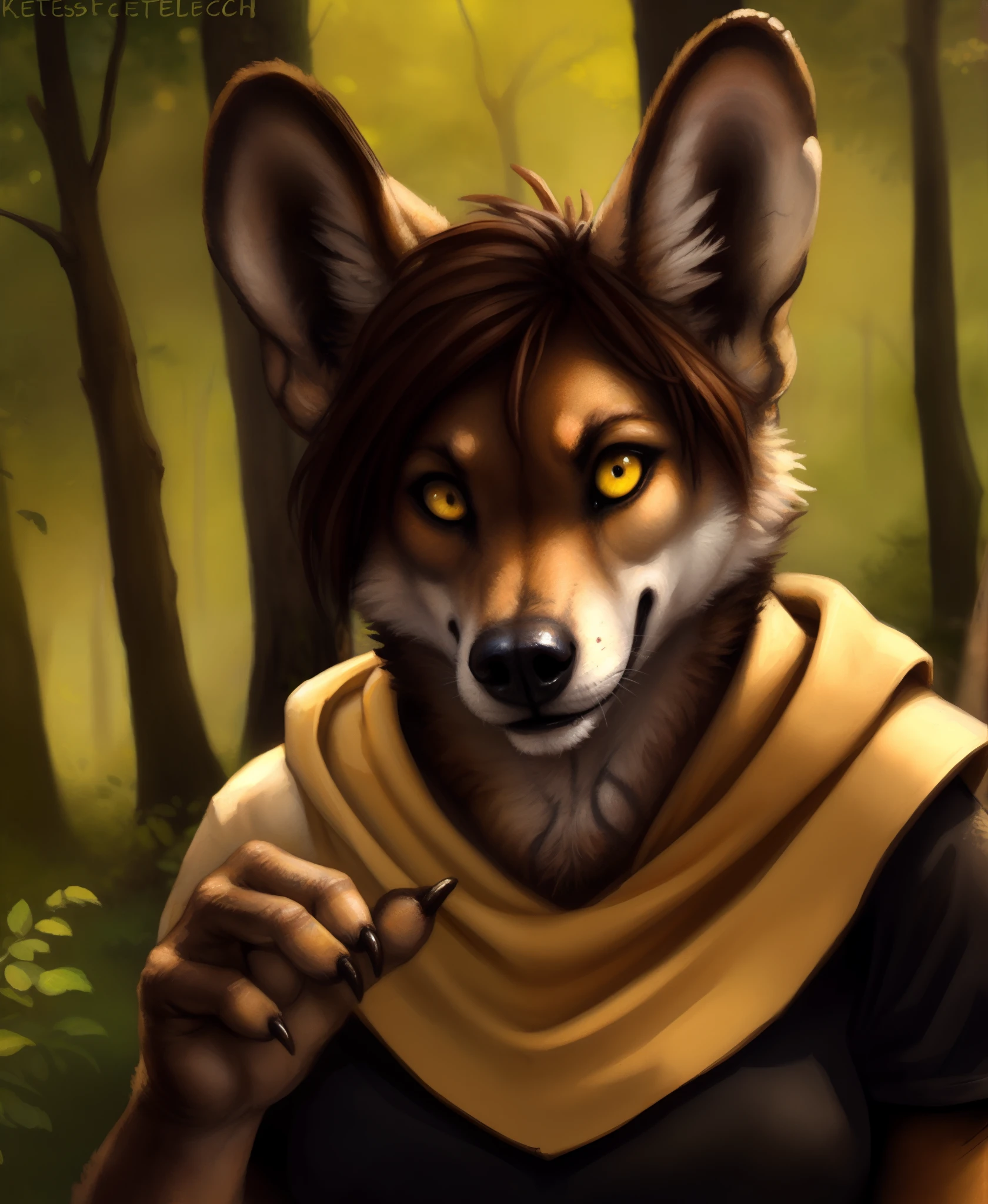 by kenket, by totesfleisch8, (by thebigslick, by silverfox5213:0.8), (by syuro:0.2),, Madelyn , Madelyn Adelaide, twokinds, (best quality, masterpiece:1), solo, furry female anthro, yellow eyes, short hair, light brown hair, portrait, finger claws, looking at viewer, tail, ear raised, (outdoors dark forest trees blurry blurred background:1.1), black shirt, yellow cape