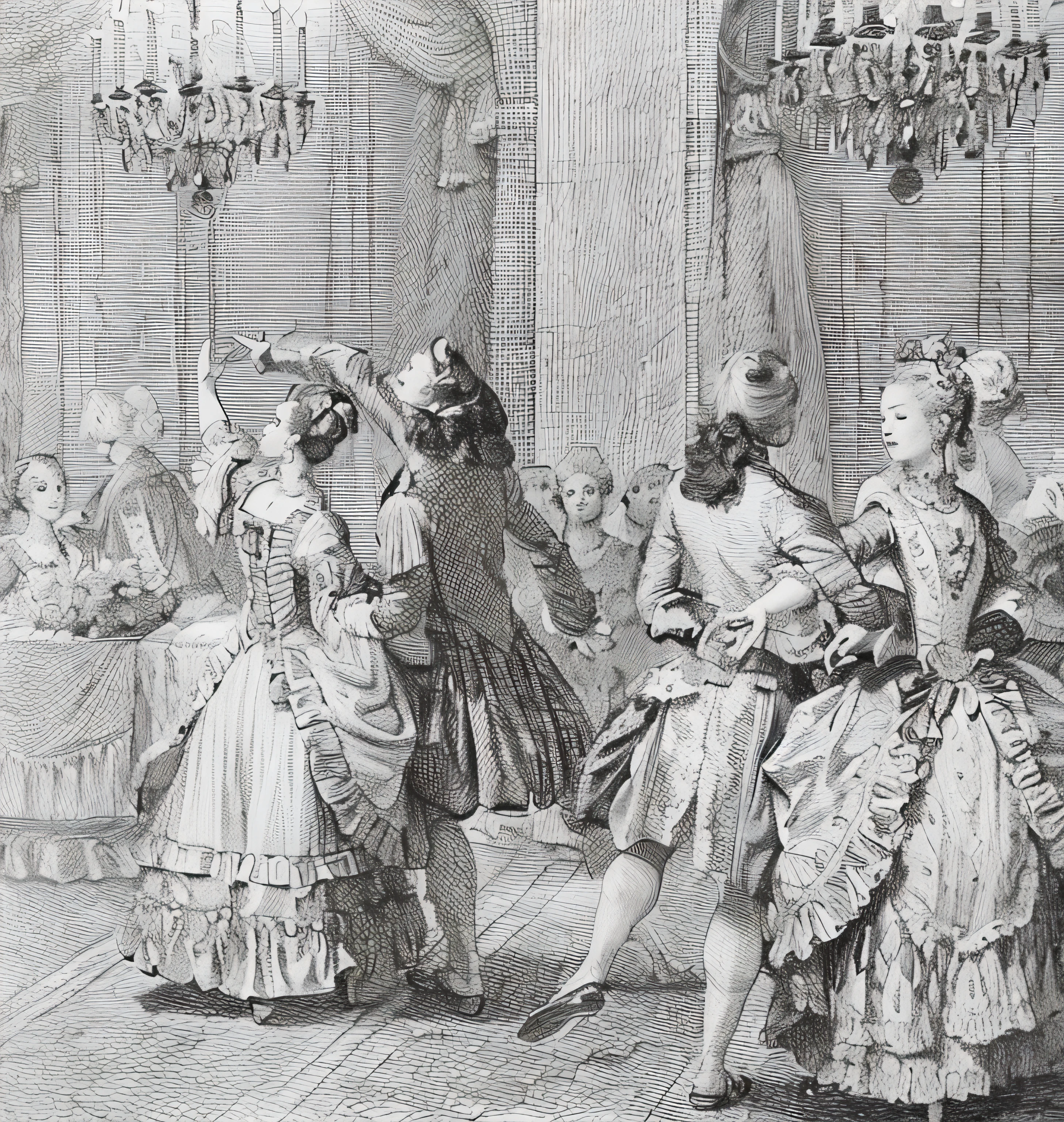 a drawing，The painting depicts several people in fancy dress talking, dance scene, 1 8 th century style, Engraving from the 1700s, 18th century art, Rococo Art Style, 1 8th century, 18th century, Rococo style, theater dance scene, 1 7 0 0 seconds, 1700s, RococoStyle