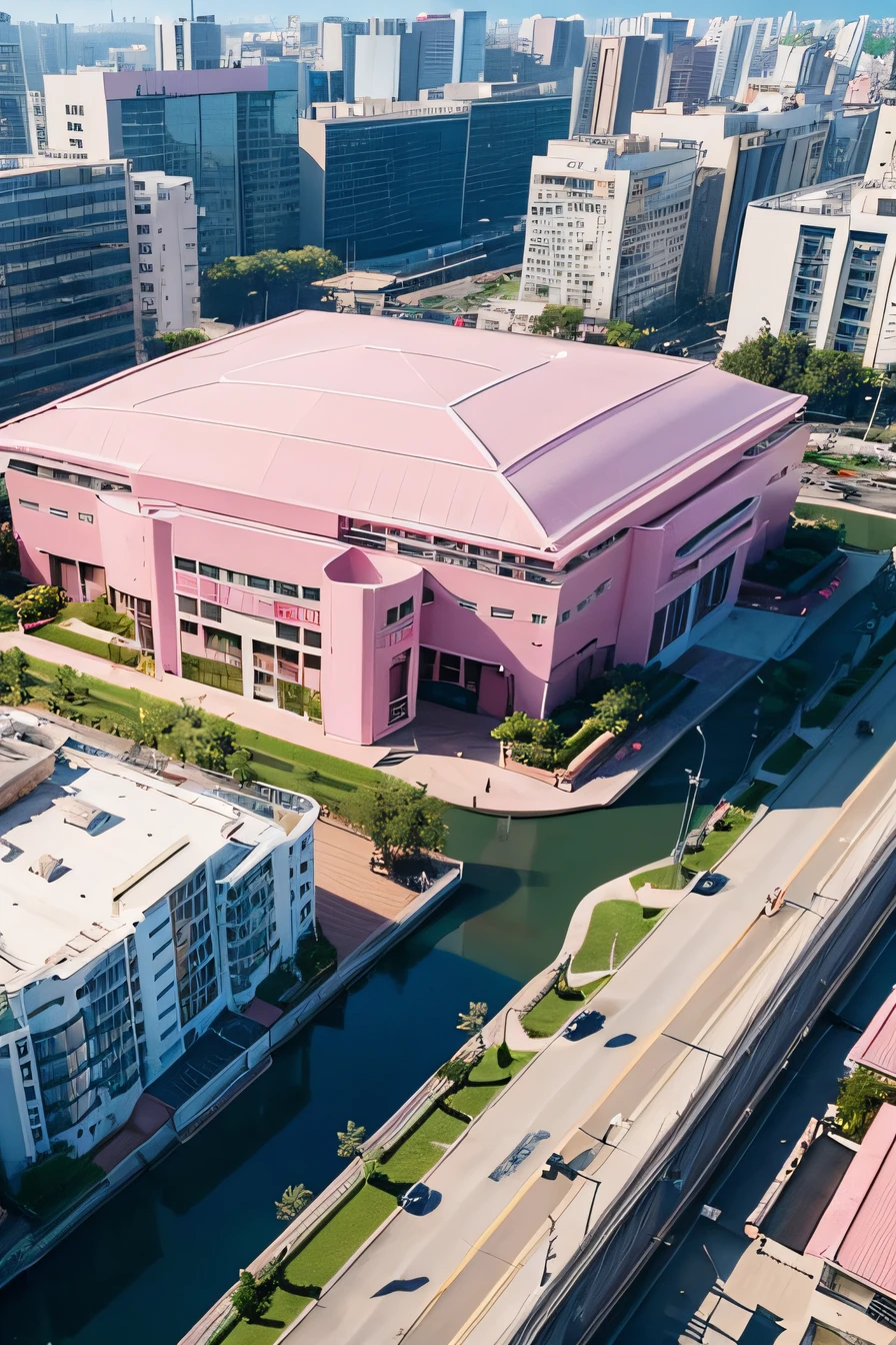 A pink-style building is located in the middle of the city,Bottom-to-top angle view