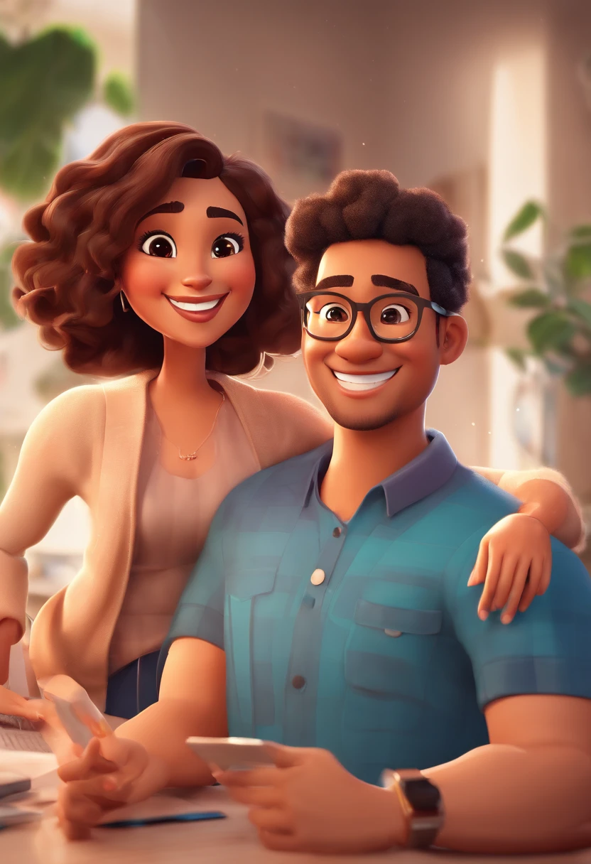 An illustration of an adorable couple, Highlight for a chubby mulatto man with glasses smiling and a brunette woman with beautiful expressive eyes - the man's skin is mulatto and the man's hair haswhile the woman's skin is black and the woman's hair is straight and brown. They are a bright room, cada um com um sorriso no rosto, e compartilhar um momento especial caracterizado pelo amor, Insights. Illustrate this scene from a perspective where they are facing the camera, Smiling and Showing Your Connection. Desenvolva esta arte em Full HD, Focus on your cinematic touch, Estilo Disney Pixar Animations