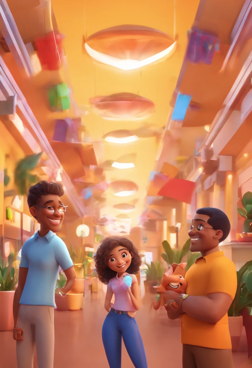 An illustration of an adorable couple, Highlight for a chubby mulatto man with glasses smiling and a brunette woman with beautiful expressive eyes - the man's skin is mulatto and the man's hair haswhile the woman's skin is black and the woman's hair is straight and brown. They are a bright room, cada um com um sorriso no rosto, e compartilhar um momento especial caracterizado pelo amor, Insights. Illustrate this scene from a perspective where they are facing the camera, Smiling and Showing Your Connection. Desenvolva esta arte em Full HD, Focus on your cinematic touch, Estilo Disney Pixar Animations