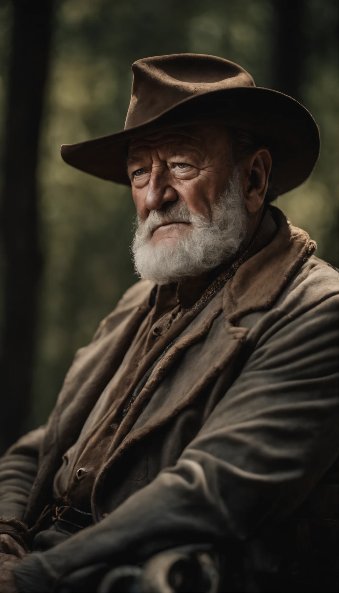 A portrait of john wayne as a wizard, bearded, wrinkled, weathered, with piercing eyes, detailed face, high details, photography, natural light, Nikon D850, 50mm, f/1.4