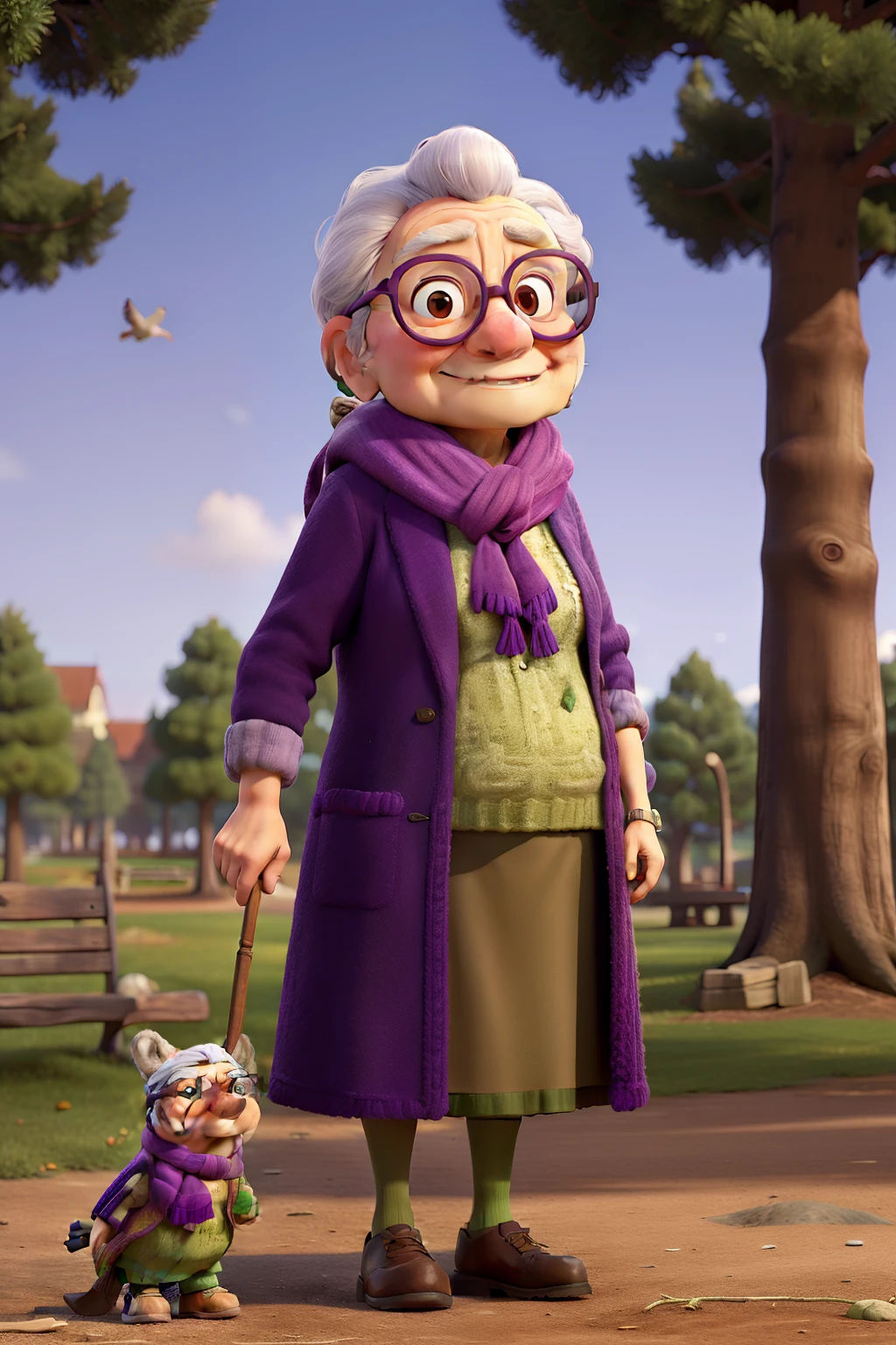 masterpiece, best quality, an old woman with glasses and a scarf on, wearing a purple coat and green scarf, standing at the park