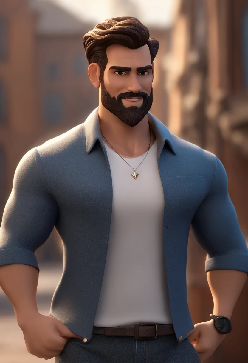 personagem dos desenhos animados de um homem jovem de 24 anos com barba curta, camiseta preta, em um escritorio, animation character, Caractere estilizado, animation style rendering, 3D estilizado, Arnold Maya render, 3 d render stylized, toon render keyshot, Personagem 3D, Personagem 3D, 3d rendering stylized, 3 d character render, personagem de desenho animado, Personagem de close up, Pose de personagem, (Estilo Pixar) (master part:1.2) (Bokeh) (best quality) (pele detalhada) (textura detalhada) (8k) (argila) (Cinematic lighting) (foco nítido