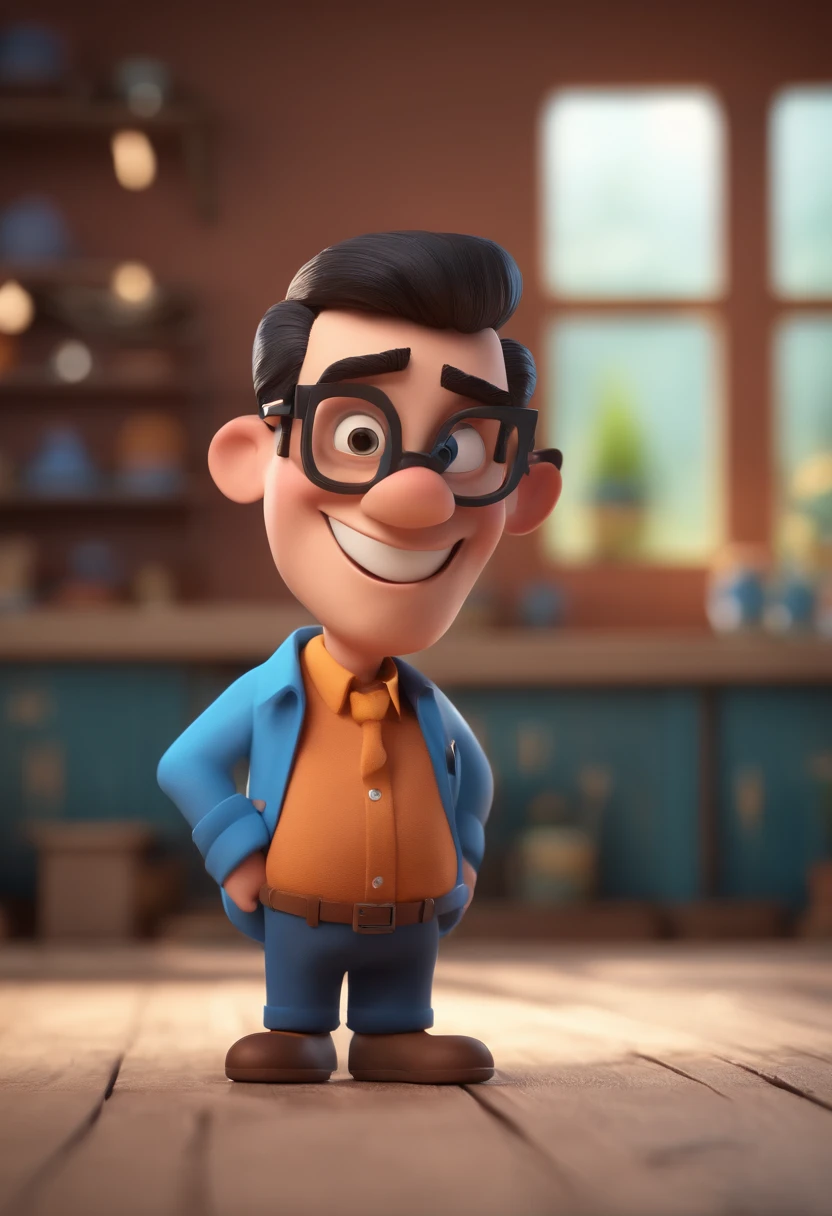 Cartoon character of a man with black glasses and a blue shirt, animation character, Caractere estilizado, animation style rendering, 3D estilizado, Arnold Maya render, 3 d render stylized, toon render keyshot, Personagem 3D, Personagem 3D, 3d rendering stylized, 3 d character render, personagem de desenho animado, Personagem de close up, Pose de personagem, (Estilo Pixar) (master part:1.2) (Bokeh) (best quality) (pele detalhada) (textura detalhada) (8k) (argila) (Cinematic lighting) (foco nítido