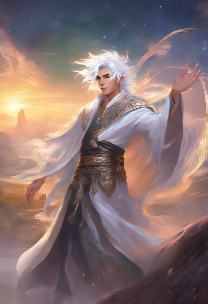 Boy, wear a blindfold, white hair, smile, black cloth