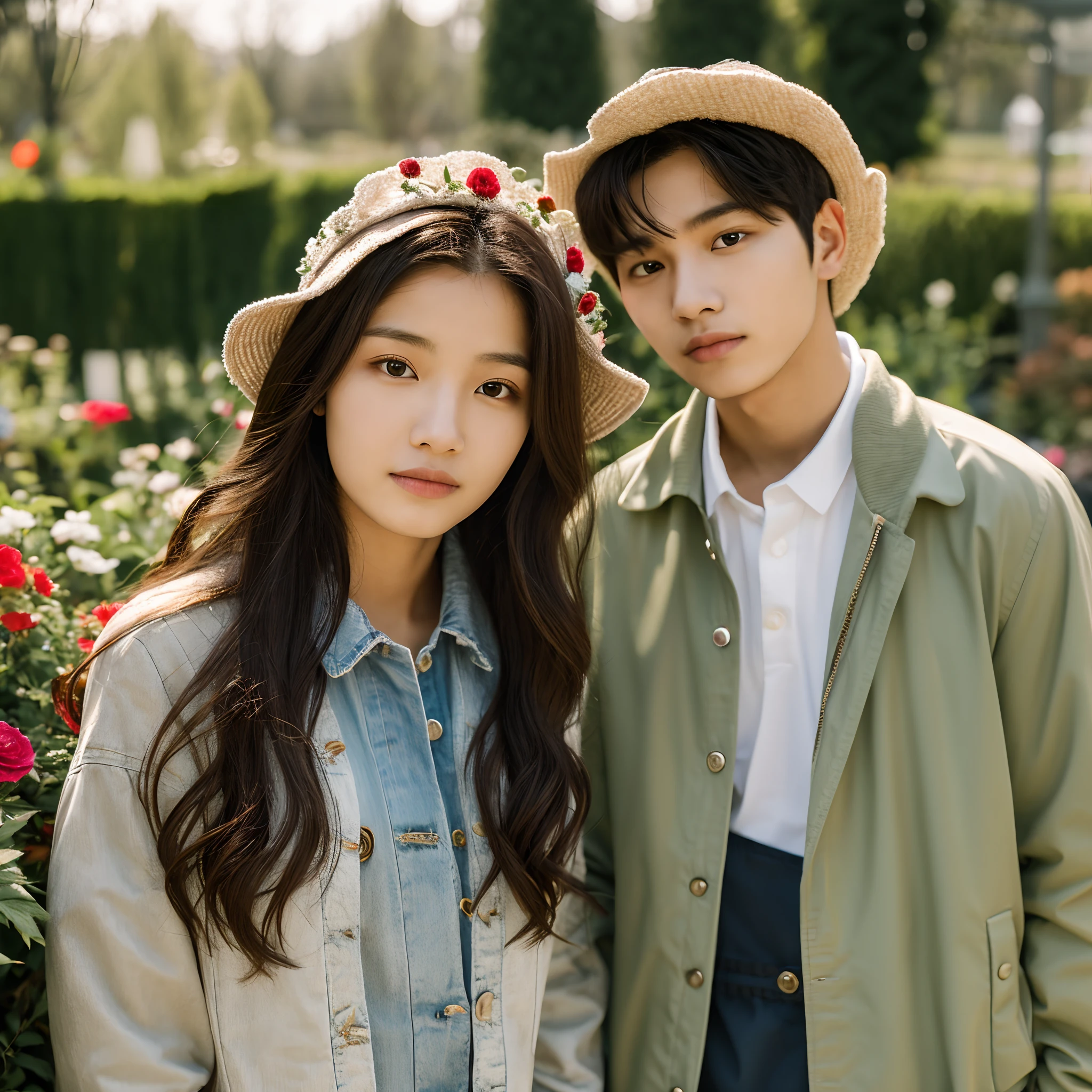 Close-up portrait of a couple, woman aged 20, man aged 23, women's clothing, crown, men's jacket, with a flower garden in the background