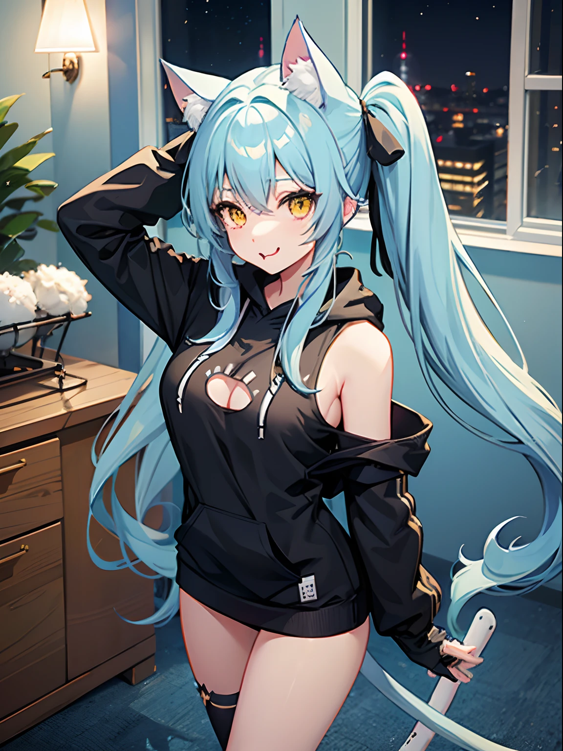 Long Hair, Twintail, Light Blue Hair, Yellow Eyes, Heart pupils, Cat Ears, Cat Tail, Big Boobs, Wearing Hoodie, Long Stocking, Nighttime, Wearing Black Gloves, Inside a house, biting lips