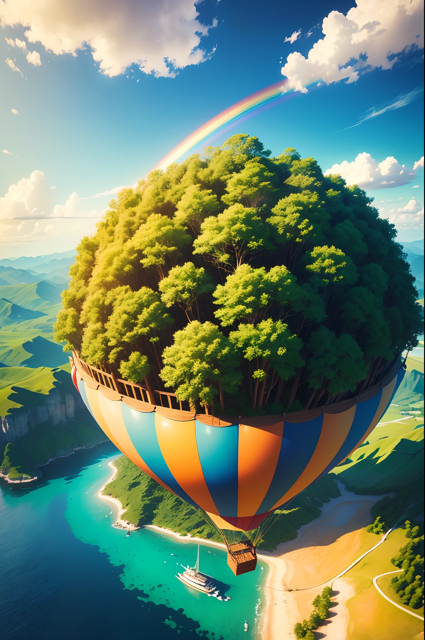 (best quality,4k,8k,highres,masterpiece:1.2),ultra-detailed,(realistic,photorealistic,photo-realistic:1.37),aerial view,hot air balloon,floating,wide panorama,vibrant colors,sunlit clouds,rolling countryside,lush green fields,majestic mountains,tiny houses and roads,spectacular scenery,breathtaking perspective,adventure,tranquility,serene atmosphere,floating peacefully,gentle breeze,joy and freedom,awe-inspiring experience,harmony with nature,antique wicker basket,soft wavy texture of the balloon fabric,golden sunlight,clear blue sky,colorful rainbow,exploring the world from above,dreamlike atmosphere.