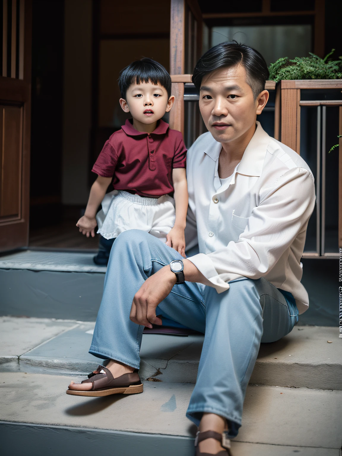 (best quality,4k,8k,highres,masterpiece:1.2), Super realistic photo, image of a Vietnamese father and son, father 30 years old, son 2 years old, father sitting on the steps of a Vietnamese house in 1985, son standing next to father, Dad wears western shoes, photo taken in 1985 with Kodak