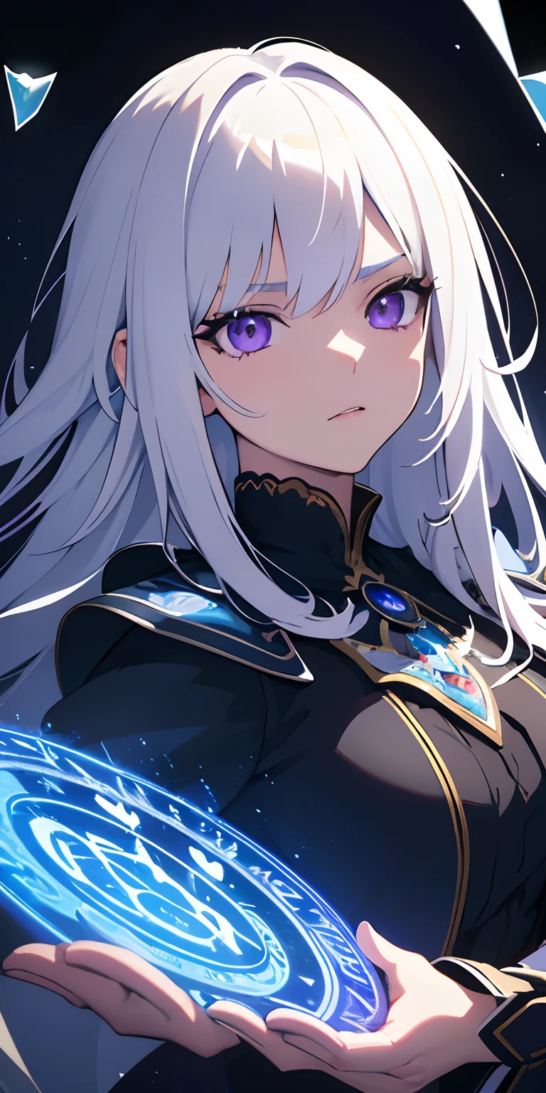 (masterpiece, best quality, ultra-detailed, best shadow), (detailed background,dark fantasy), (beautiful detailed face), high contrast, (best illumination, an extremely delicate and beautiful), ((cinematic light)), colorful, hyper detail, dramatic light, intricate details, (1girl, solo,white hair, sharp face,purple eyes, hair between eyes,dynamic angle), blood splatter, swirling black light around the character, depth of field,black light particles,(broken glass),magic circle,