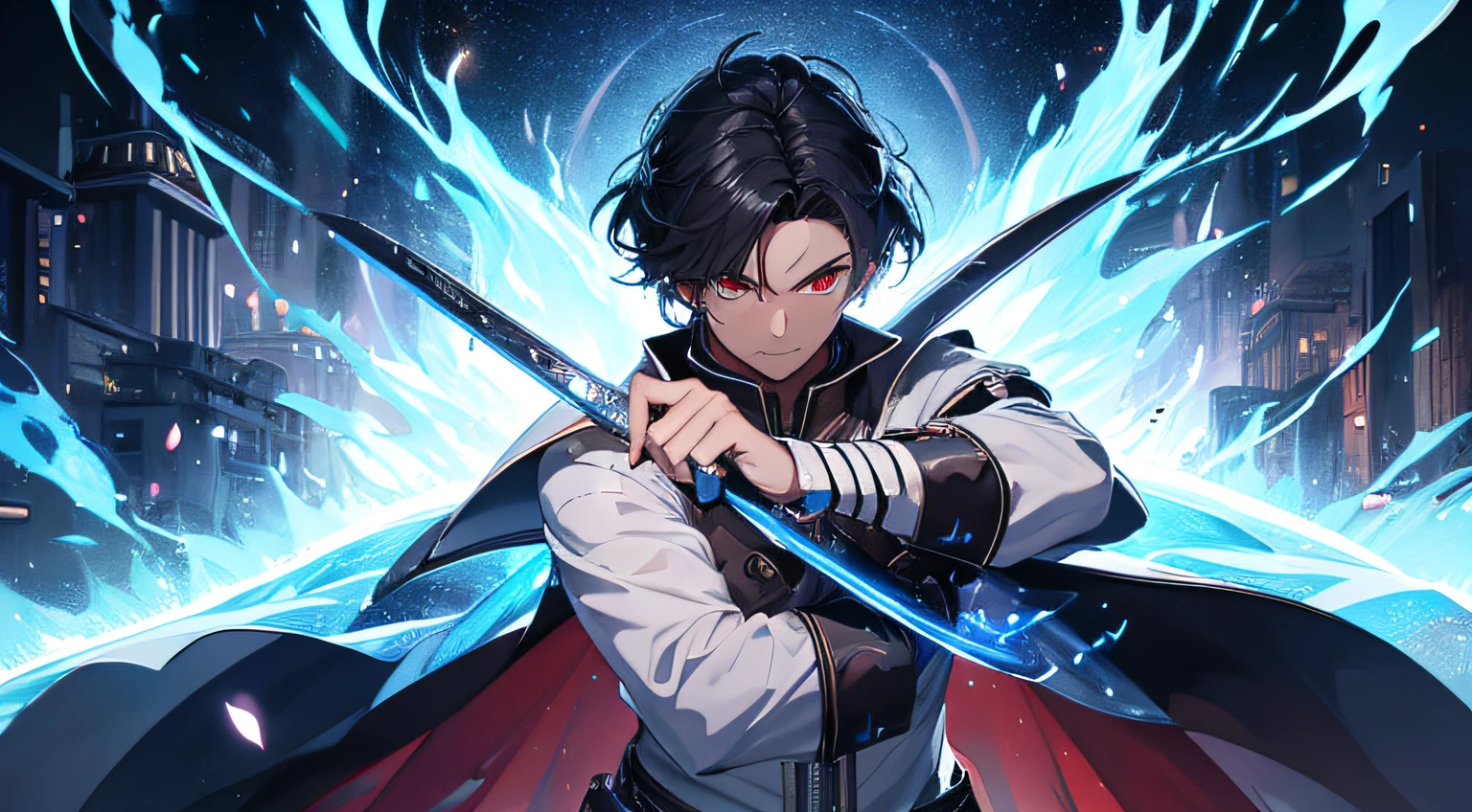 (absurdres, highres, ultra detailed), masterpiece, best quality, a man in a white outfit wielding a duel-swords, with large sword, a swords surrounded by blue flame, official character art, very short hair, black hair, vibrant red eye, finely eye, detailed face, detailed hair, ruined city, dark background, full body view, spark, vortex, swirl, celestial, from below, look down, cowboy shot,