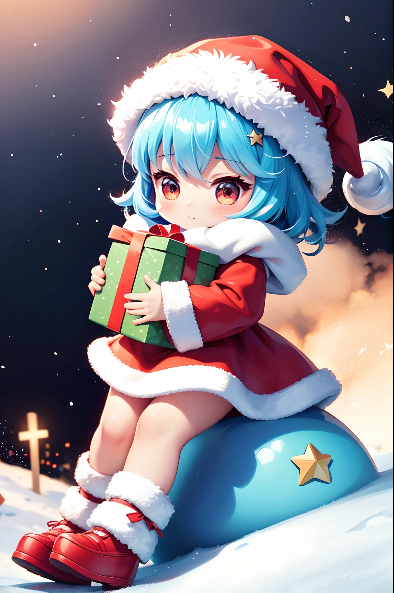 Santa Claus happily carrying presents、Santa is a pretty girl、Chibi Doll、Stars in the eyes(kirakira)、Eye Up、Laugh、Cute red shoes、foco nítido, Ultra Detail, radiant light、bio luminescent、snowscape、It's snowing、Snowboard Riding、Draw a large snowflake in the foreground、Taken from the side、Stronger bokeh effect