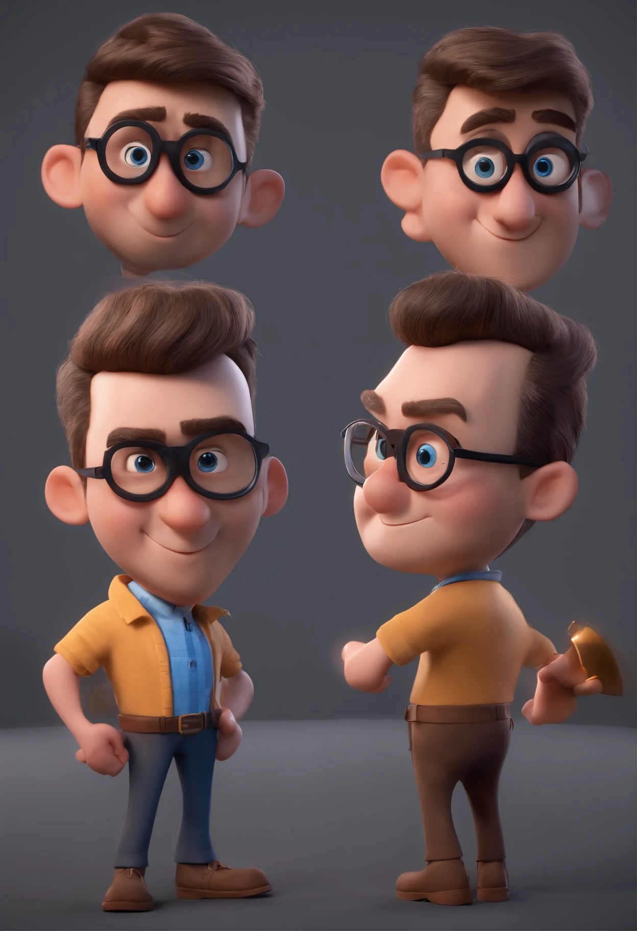 Cartoon character of a man with black glasses and a blue shirt, animation character, Caractere estilizado, animation style rendering, 3D estilizado, Arnold Maya render, 3 d render stylized, toon render keyshot, Personagem 3D, Personagem 3D, 3d rendering stylized, 3 d character render, personagem de desenho animado, Personagem de close up, Pose de personagem,  (Estilo Pixar) (master part:1.2) (Bokeh) (best quality) (pele detalhada) (textura detalhada) (8k) (argila) (Cinematic lighting) (foco nítido