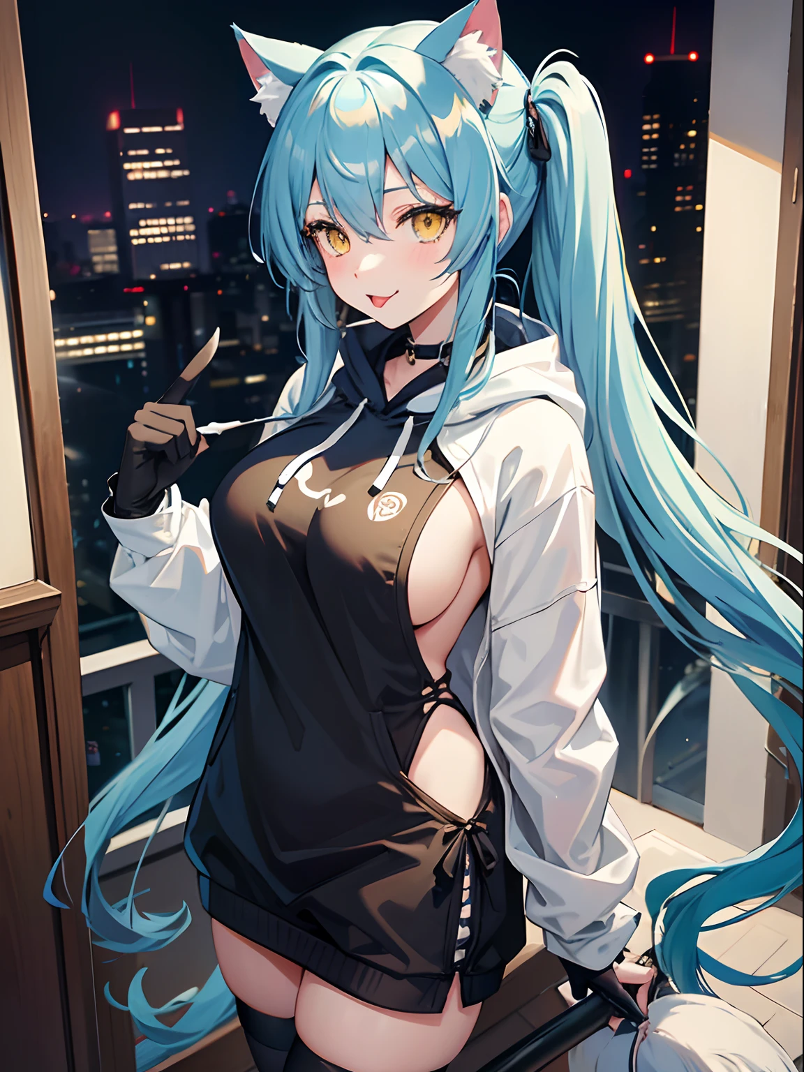 Long Hair, Twintail, Light Blue Hair, Yellow Eyes, Cat Ears, Cat Tail, Big Boobs, Wearing Hoodie, Long Stocking, Nighttime, Wearing Black Gloves, Inside a house, Stick out the tongue