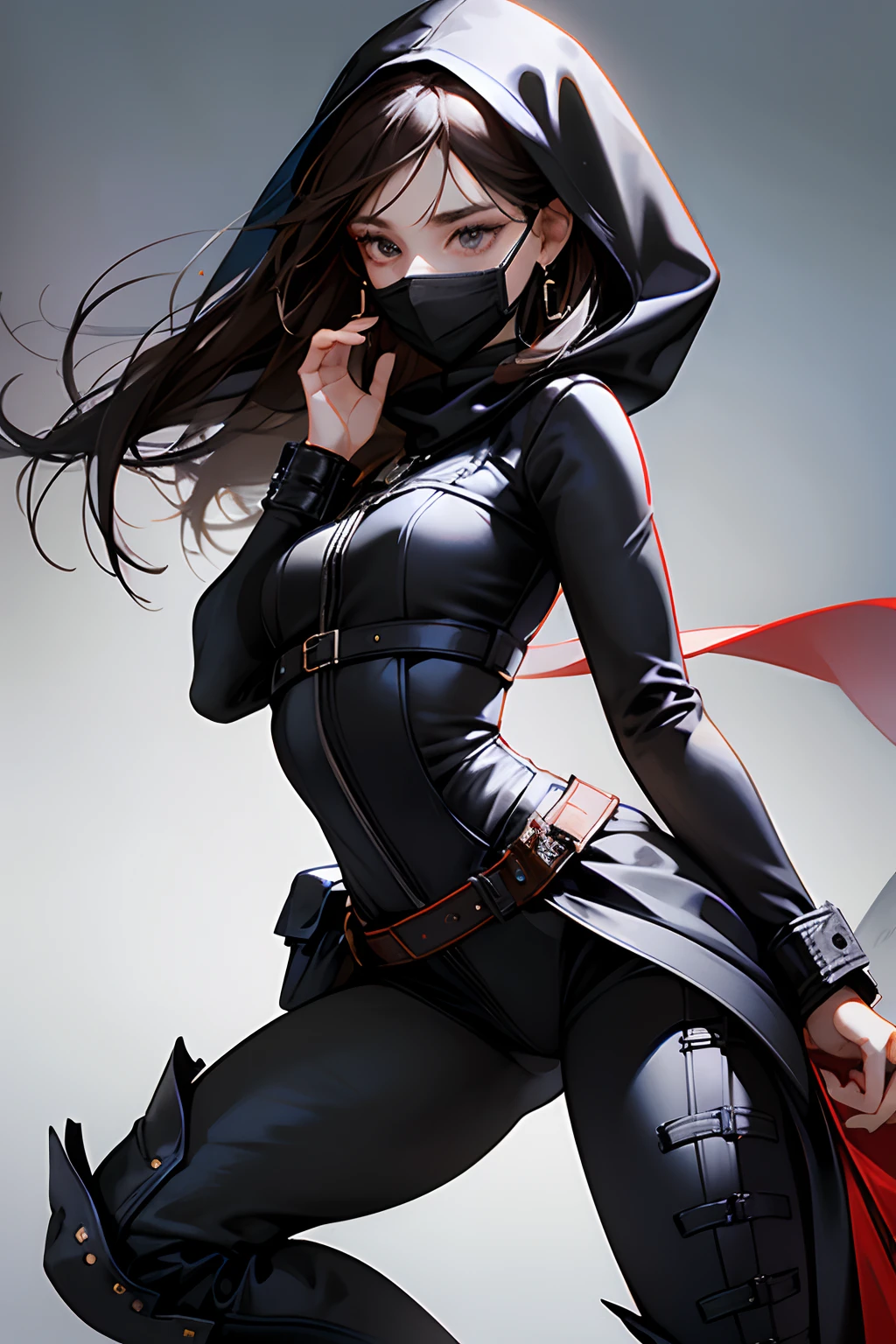 Best Quality Detail:1.2, realisitic, 8K UHD, hight resolution, 1 human,Unisex , sex unknow, The ultra-detailliert, High quality textures, intricate detailes, detaileds, Very detailed CG, High quality shadows, Detail Beautiful delicate face, Detail Beautiful delicate eyes, depth of fields, Ray traching, gender not specified, gender not specified, male-like, black-brown hair, brown eyes, wearing black leather, wearing a veil, hooded veil, head covering, wearing a black face covering, Wear a black mask, cover the lower half of your face, red earrings, face invisible, tight leather pants, high-heeled boots, and a waist bag.