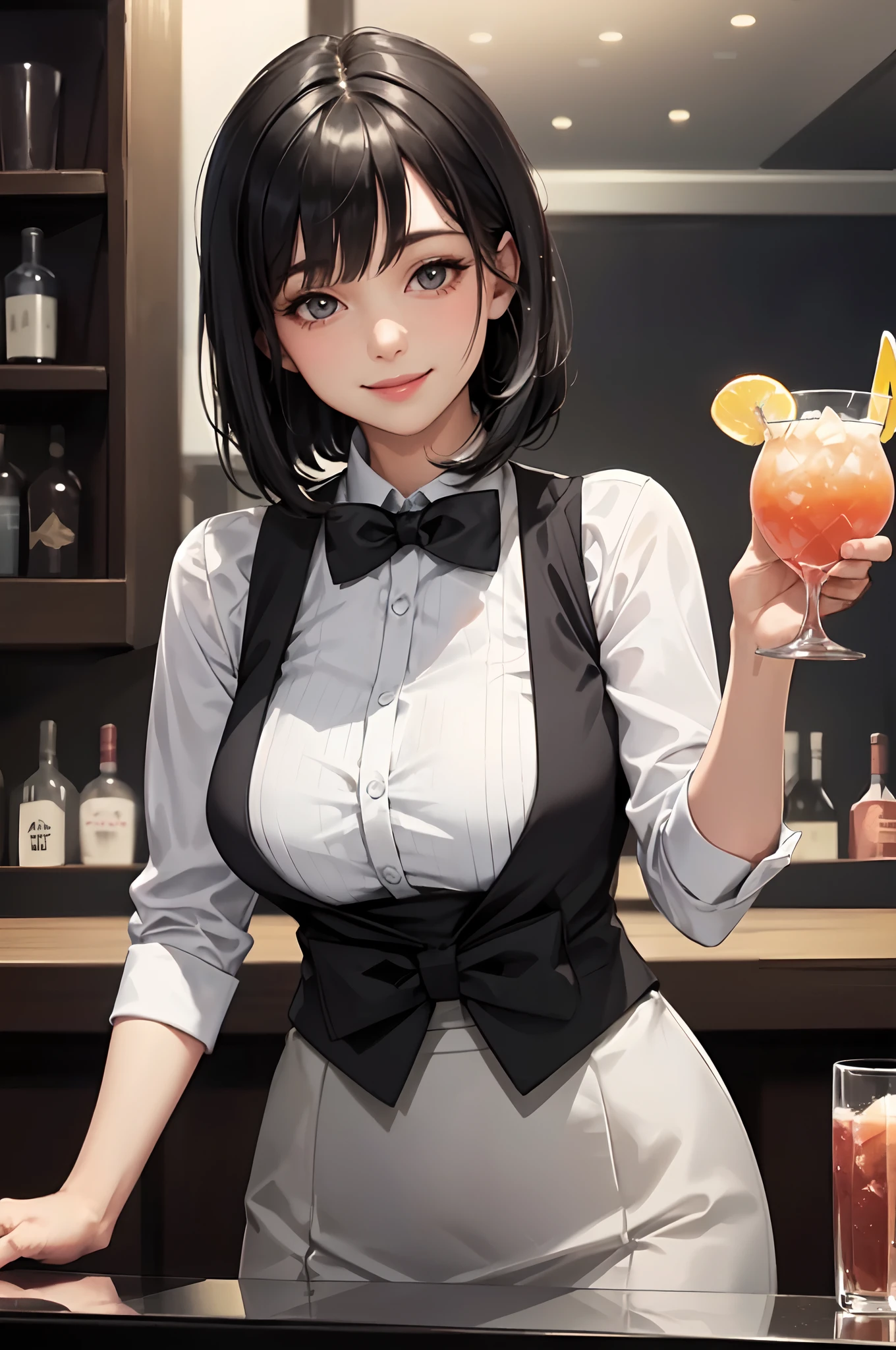 1lady solo standing, bartender /(formal outfit grey vest bowtie/), mature female, /(black hair/) bangs, kind smile, (masterpiece best quality:1.2) delicate illustration ultra-detailed, large breasts BREAK /(bar counter/) /(cocktail glass/) indoors, night, detailed background