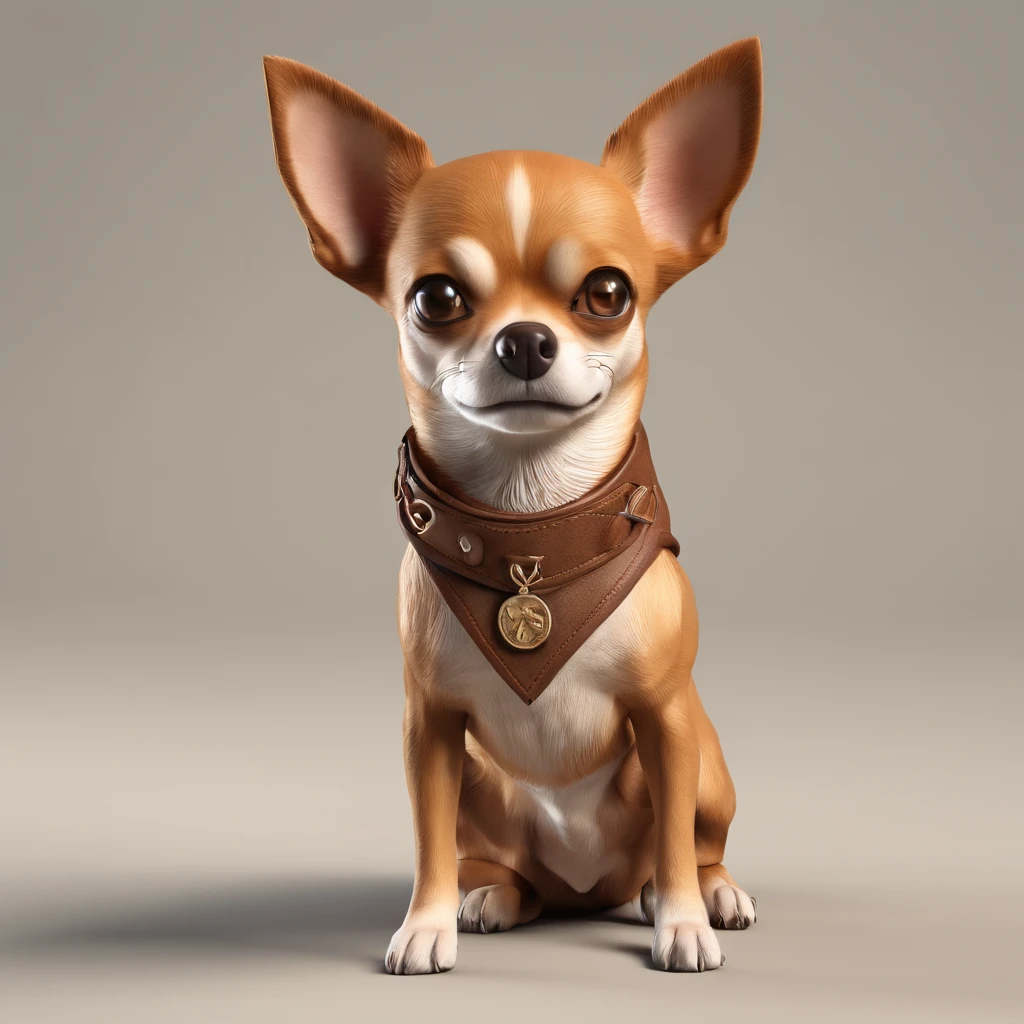 Cachorro chihuahua branquinho com marrom clarinho nariz pretinho ele ta sentado ao lado dos personagens do rei leao