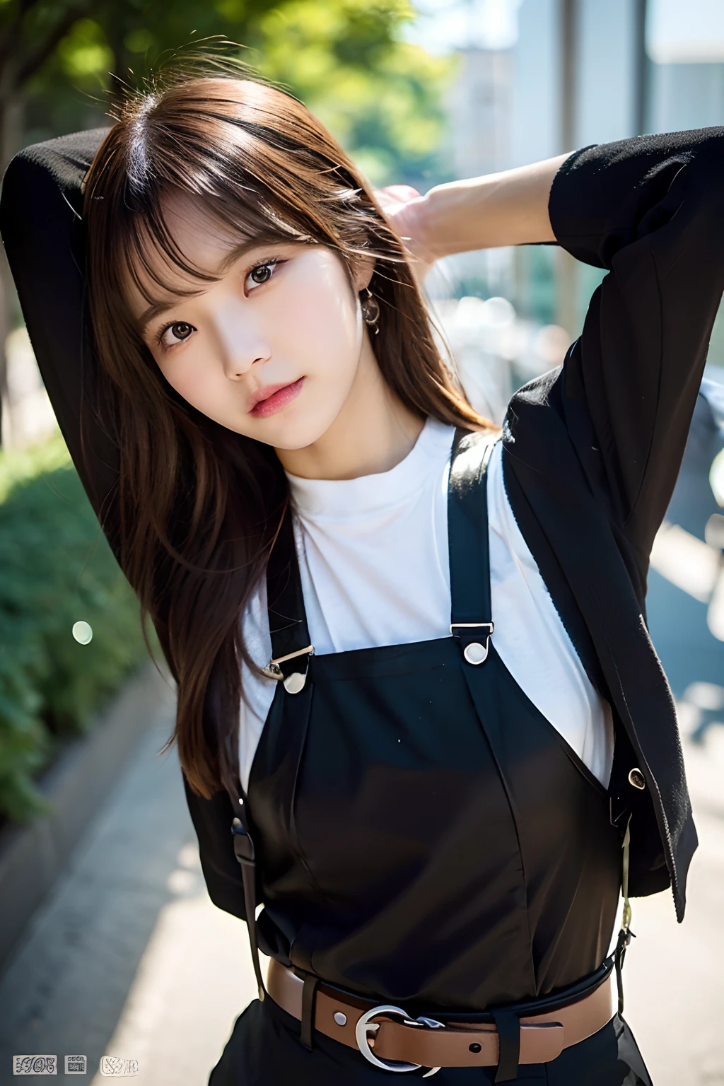 ​masterpiece、flat-colors、depth of fields、lens flare 1 girl、、Brown hair、watching at viewers　　　　a belt　black suspenders　　　large full breasts　　　 　 Armpit sweat　perspiring　Side of both hands　　walls: 　Black pants, Black jacket holster　arm　Leg holster　　　arma　Gaze　　　Small face